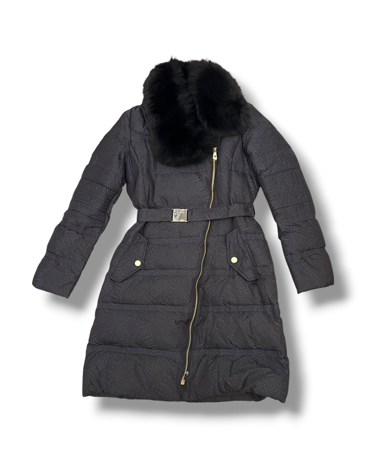 Versace Collection Monogram Down Puffer Coat with Fur Collar – Black – IT 46