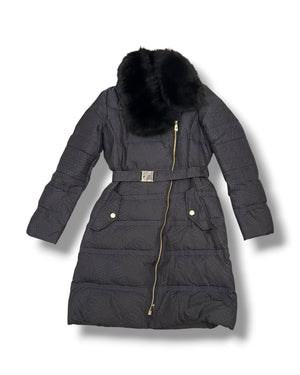 Versace Collection Monogram Down Puffer Coat with Fur Collar – Black – IT 46