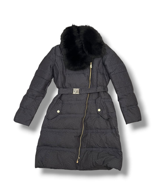Versace Collection Monogram Down Puffer Coat with Fur Collar – Black – IT 46