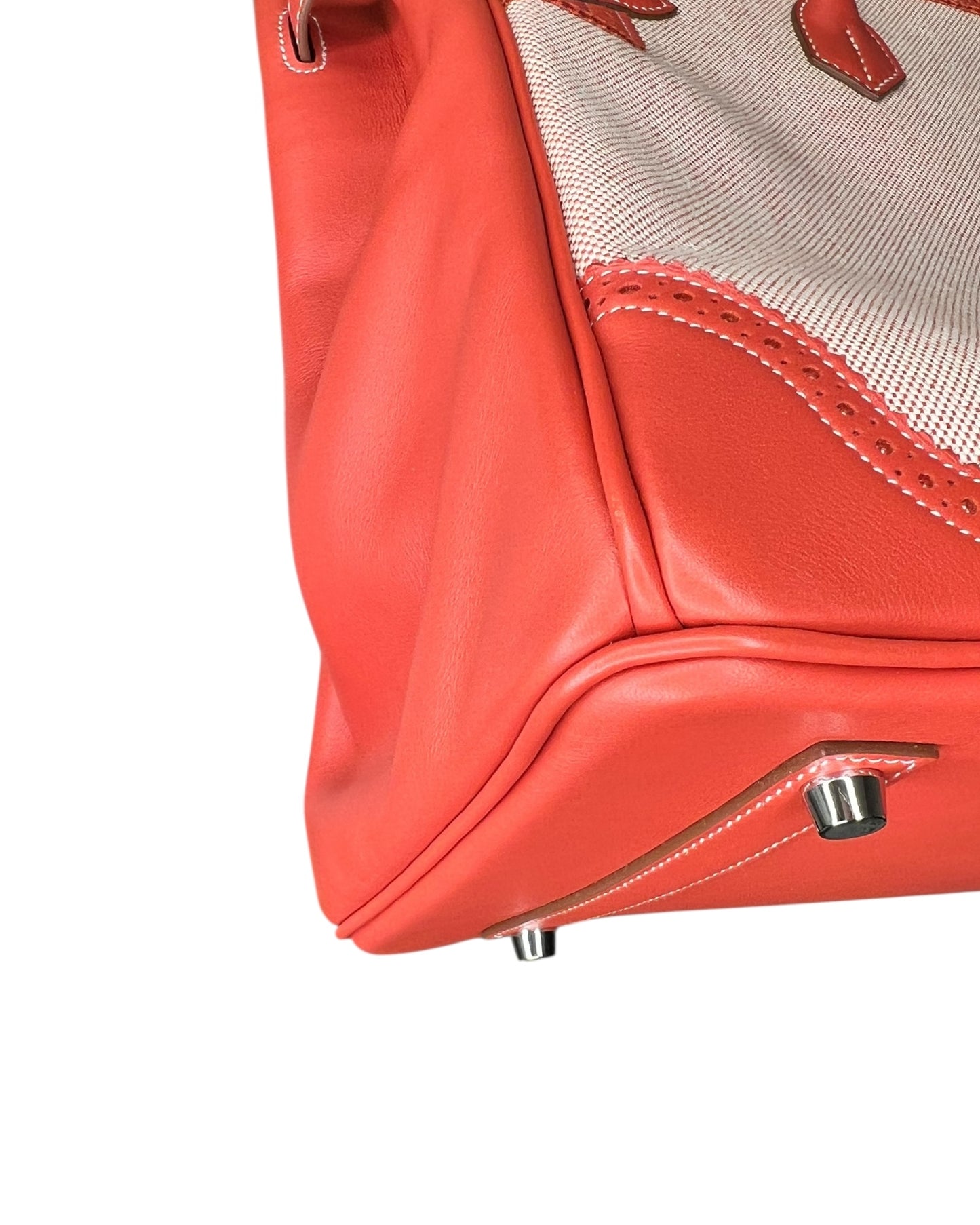 Hermès Birkin 35 Ghillies – Sanguine Swift with Toile Panels, Palladium Hardware – 2015 (T Stamp)