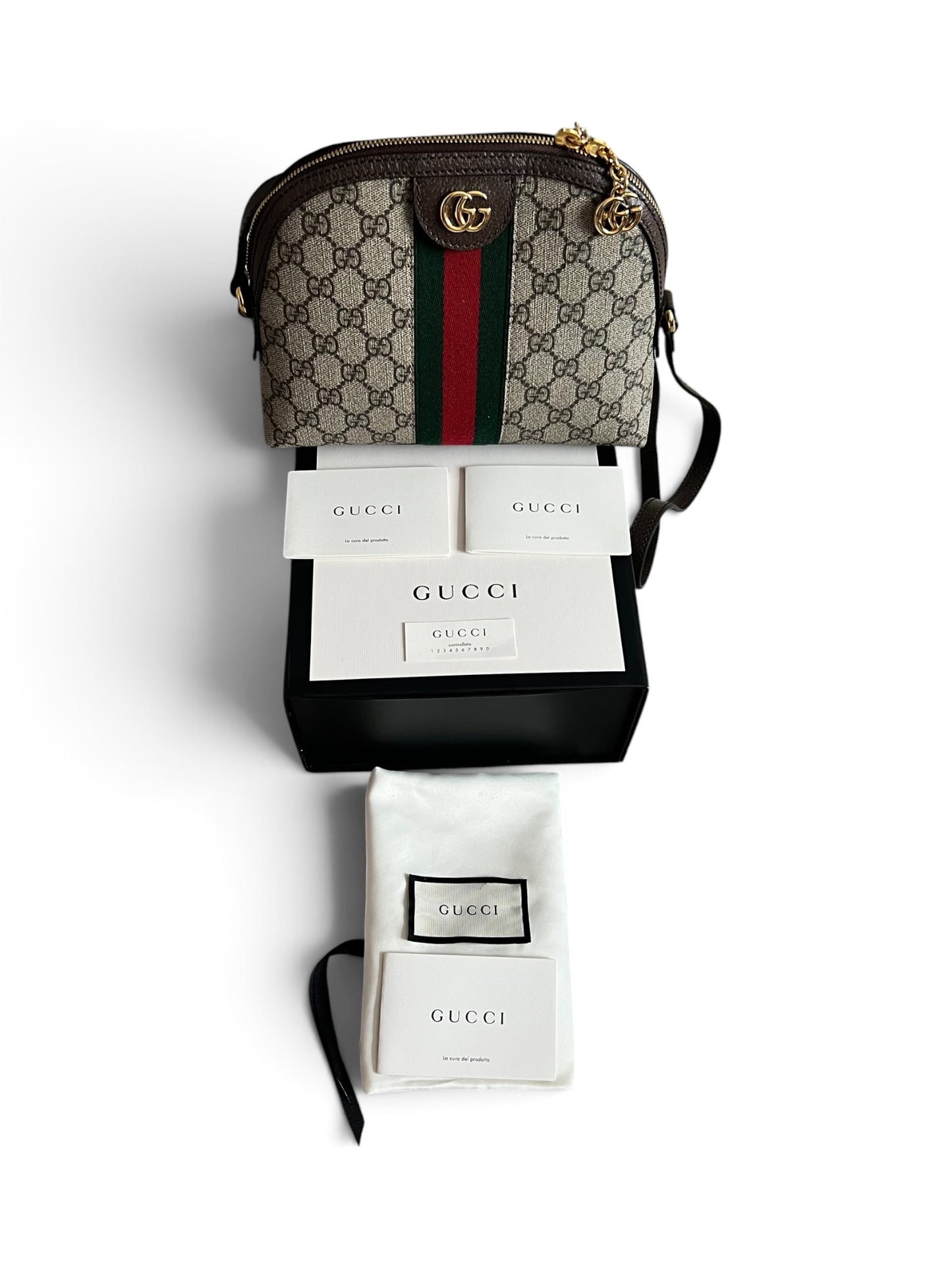 Gucci Ophidia Small GG Supreme Shoulder Bag with Web Stripe & Gold-Tone GG Hardware