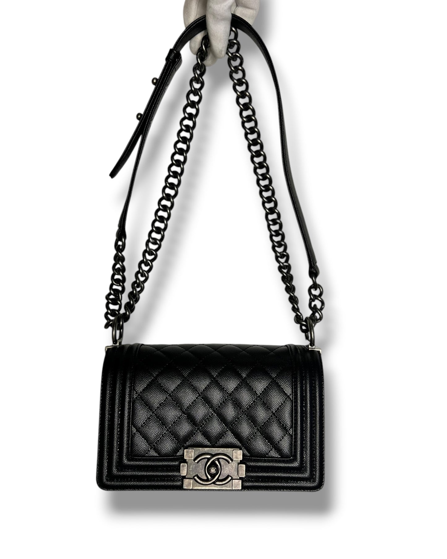Chanel Boy Small Flap Bag in Black Caviar Leather with Ruthenium Hardware