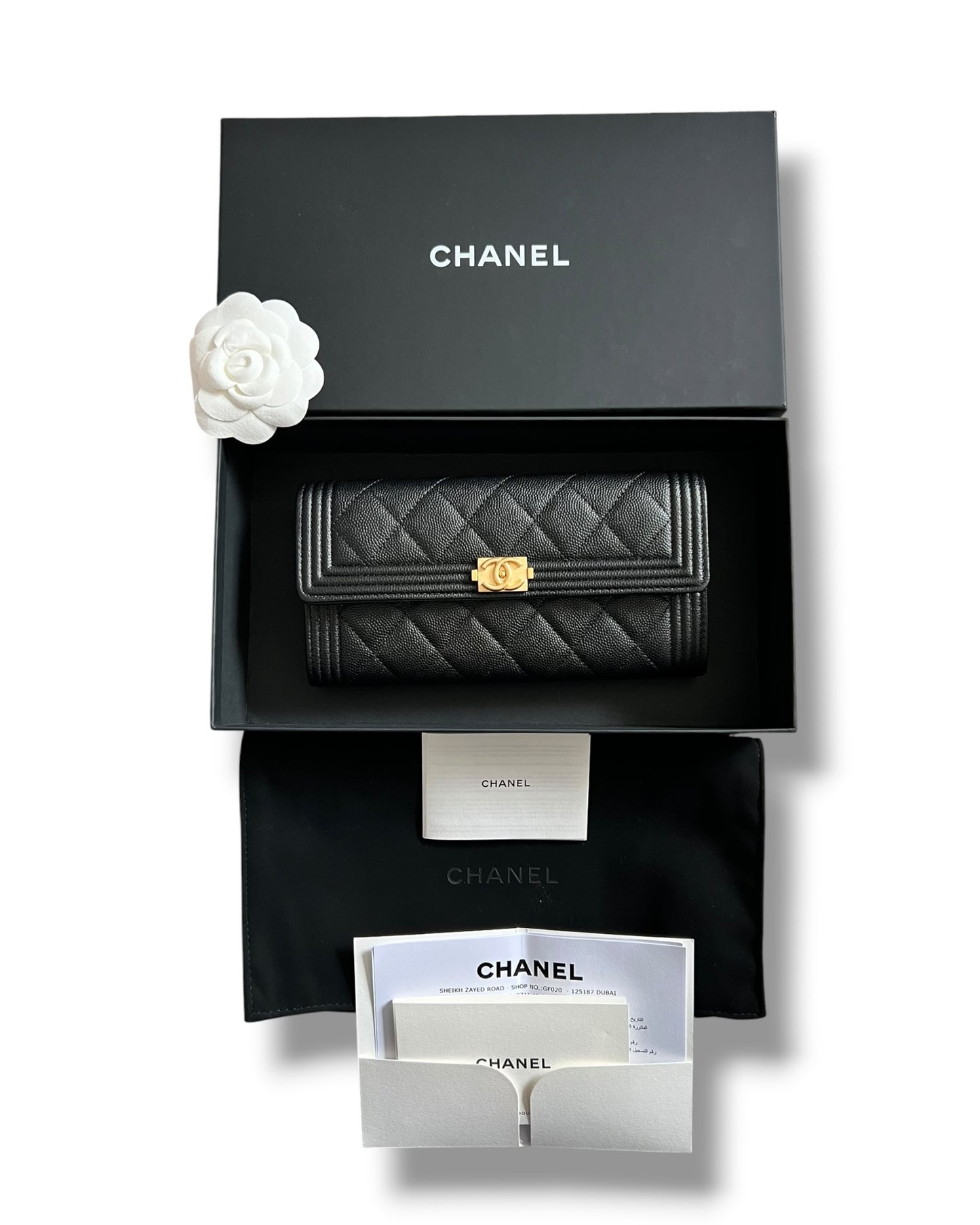 Chanel Boy Long Flap Wallet in Black Caviar Leather with Gold Hardware