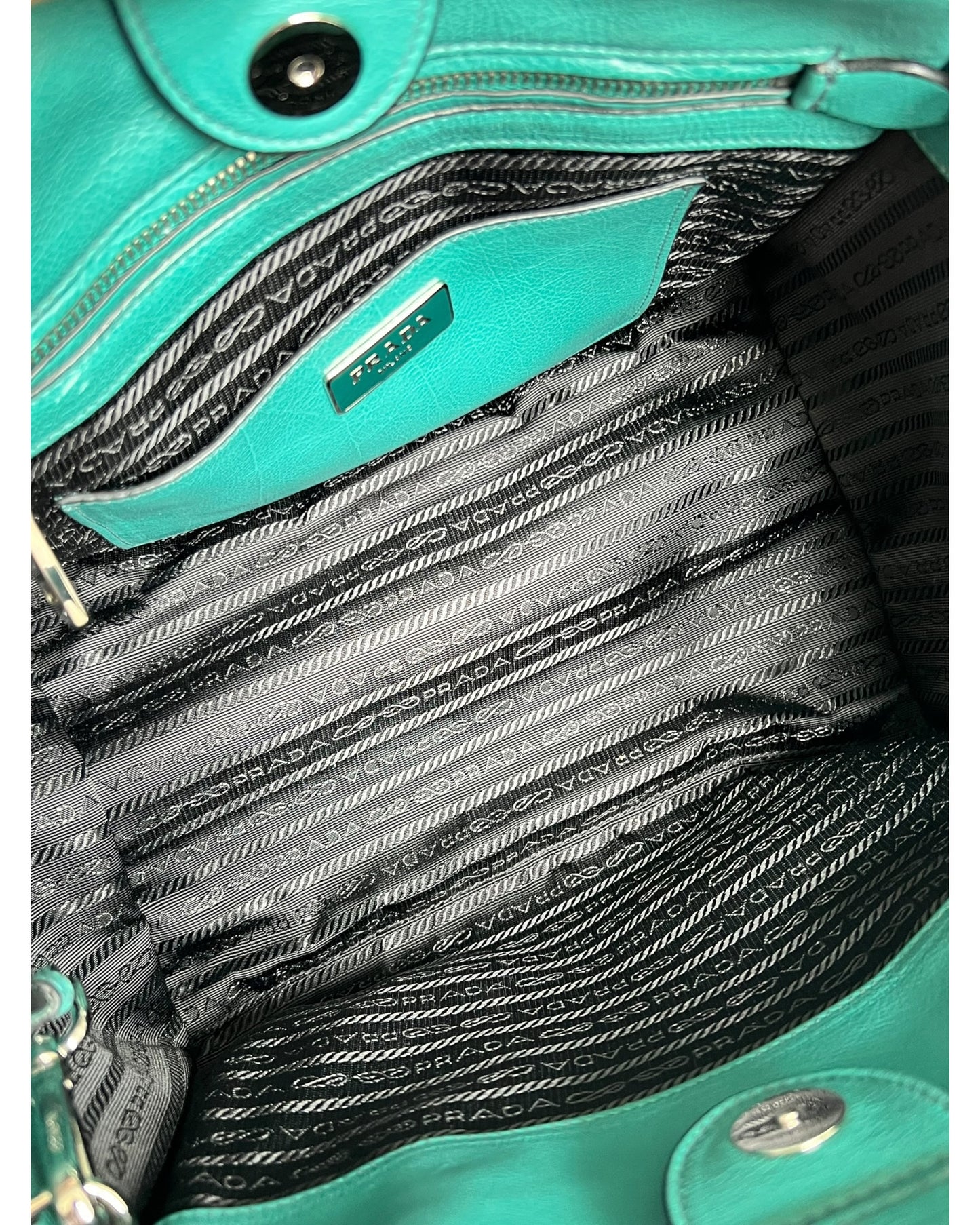 Prada Leather Bag | Pavone | Silver Tone | Detachable Strap