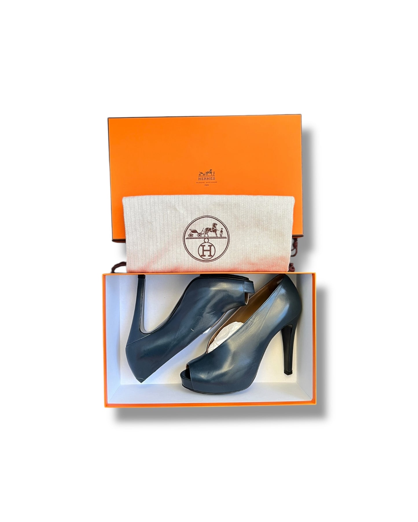Hermès Peep Toe Heels – Dark Navy – Size 36.5 (Worn Once, Excellent Condition)