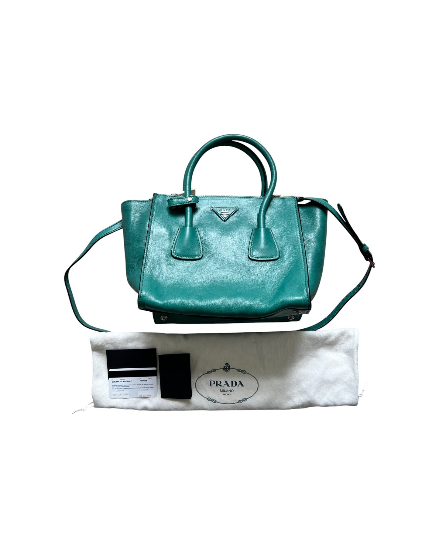 Prada Leather Bag | Pavone | Silver Tone | Detachable Strap