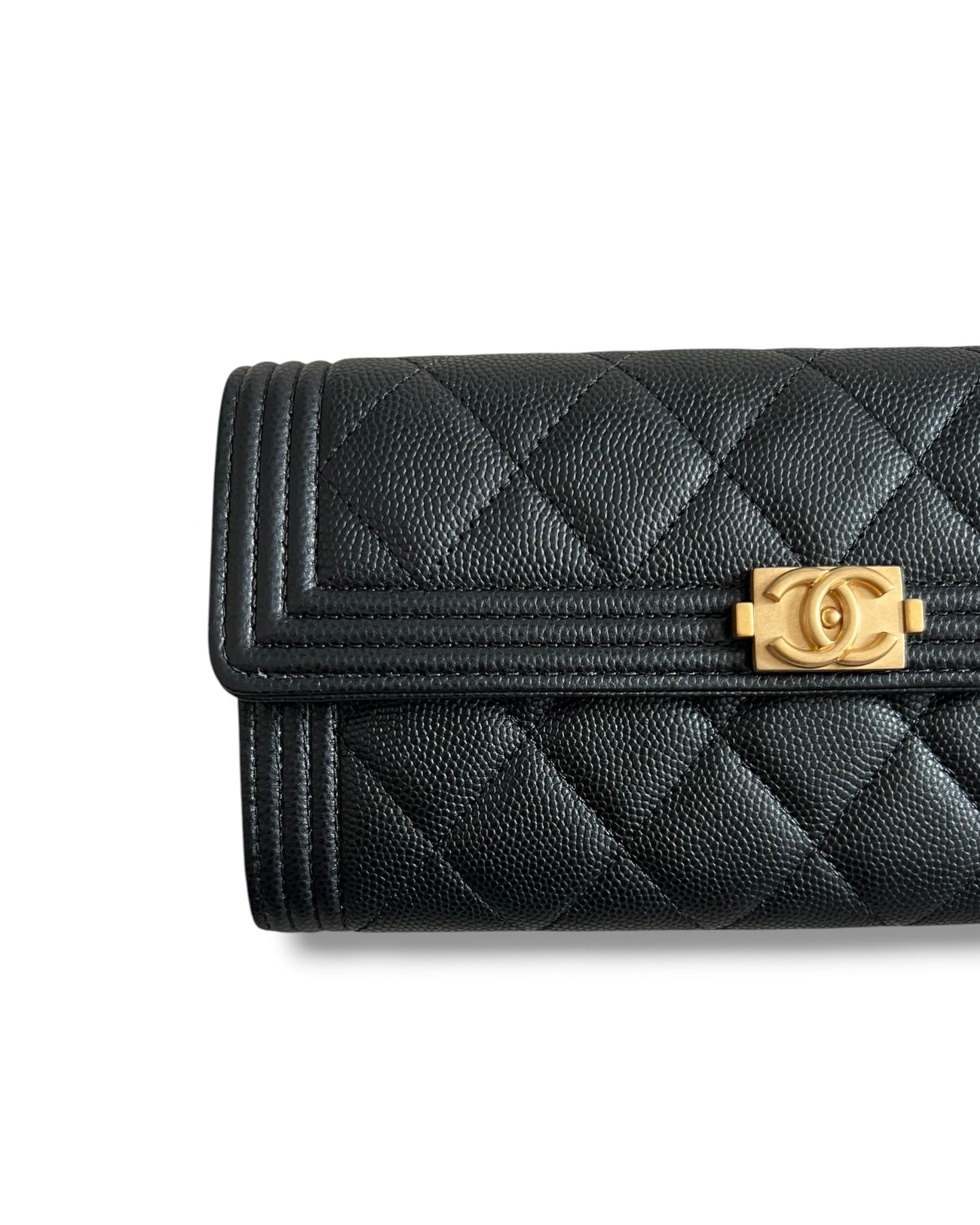 Chanel Boy Long Flap Wallet in Black Caviar Leather with Gold Hardware