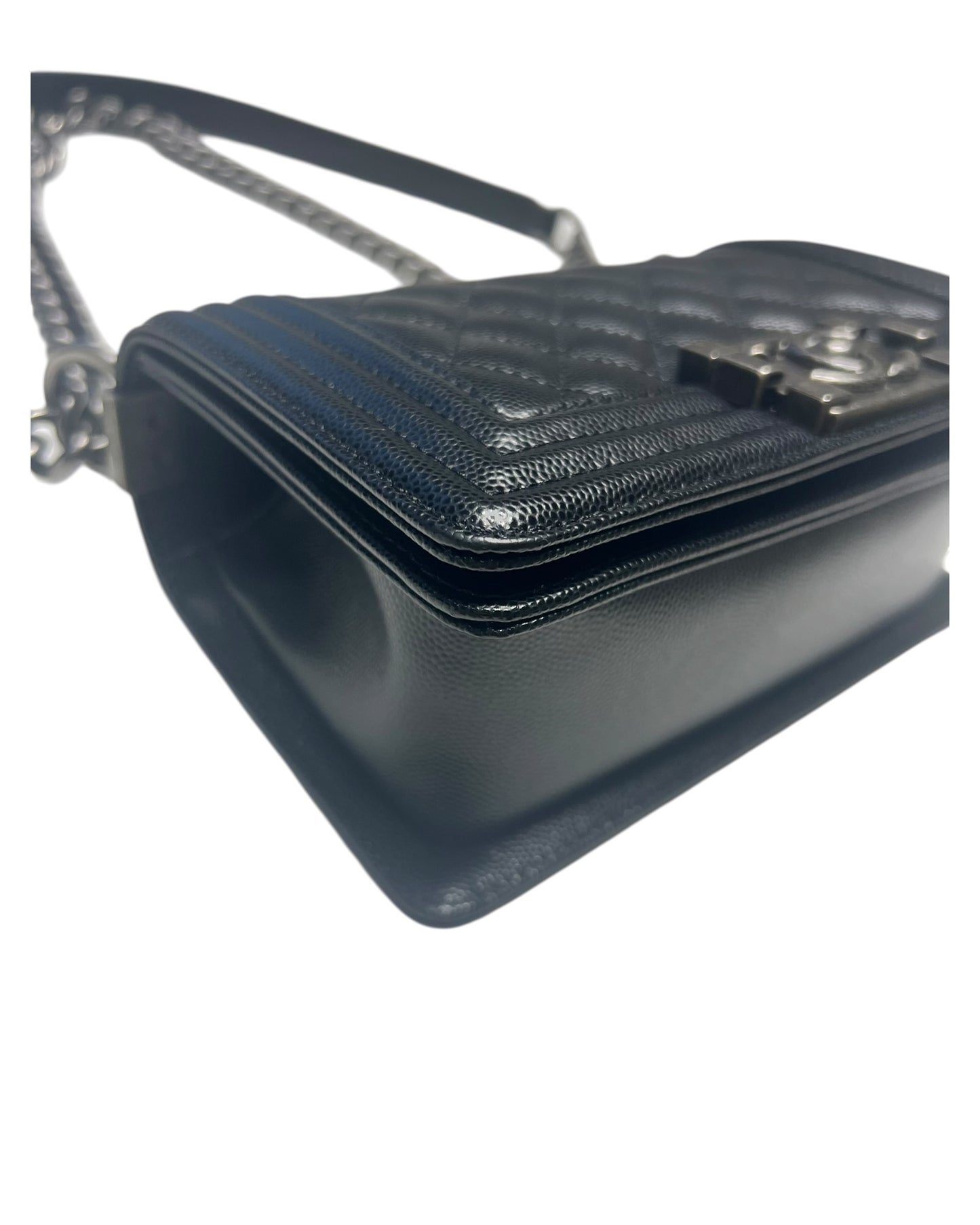 Chanel Boy Small Flap Bag in Black Caviar Leather with Ruthenium Hardware