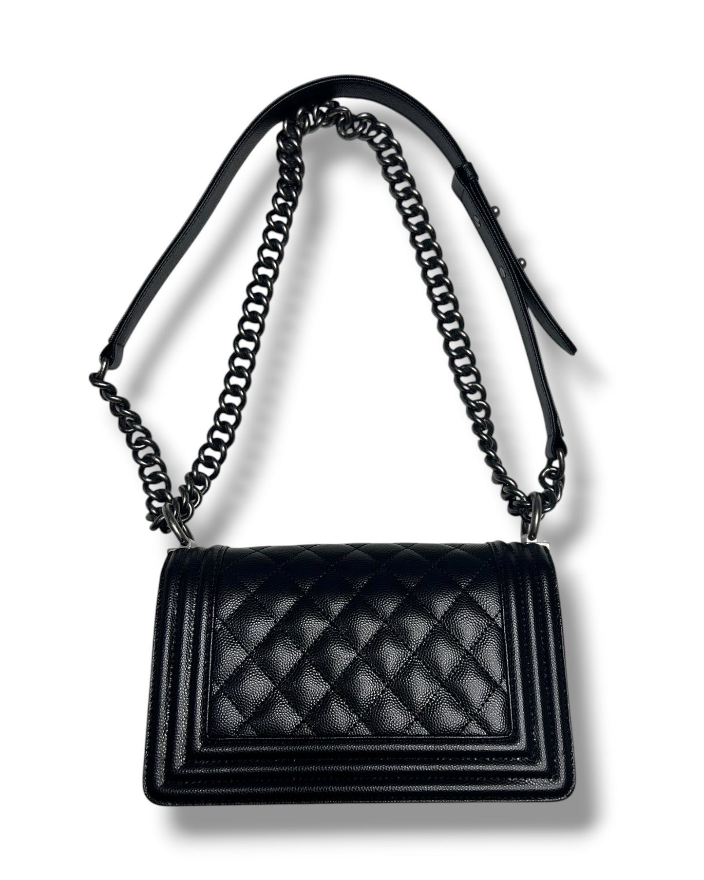 Chanel Boy Small Flap Bag in Black Caviar Leather with Ruthenium Hardware