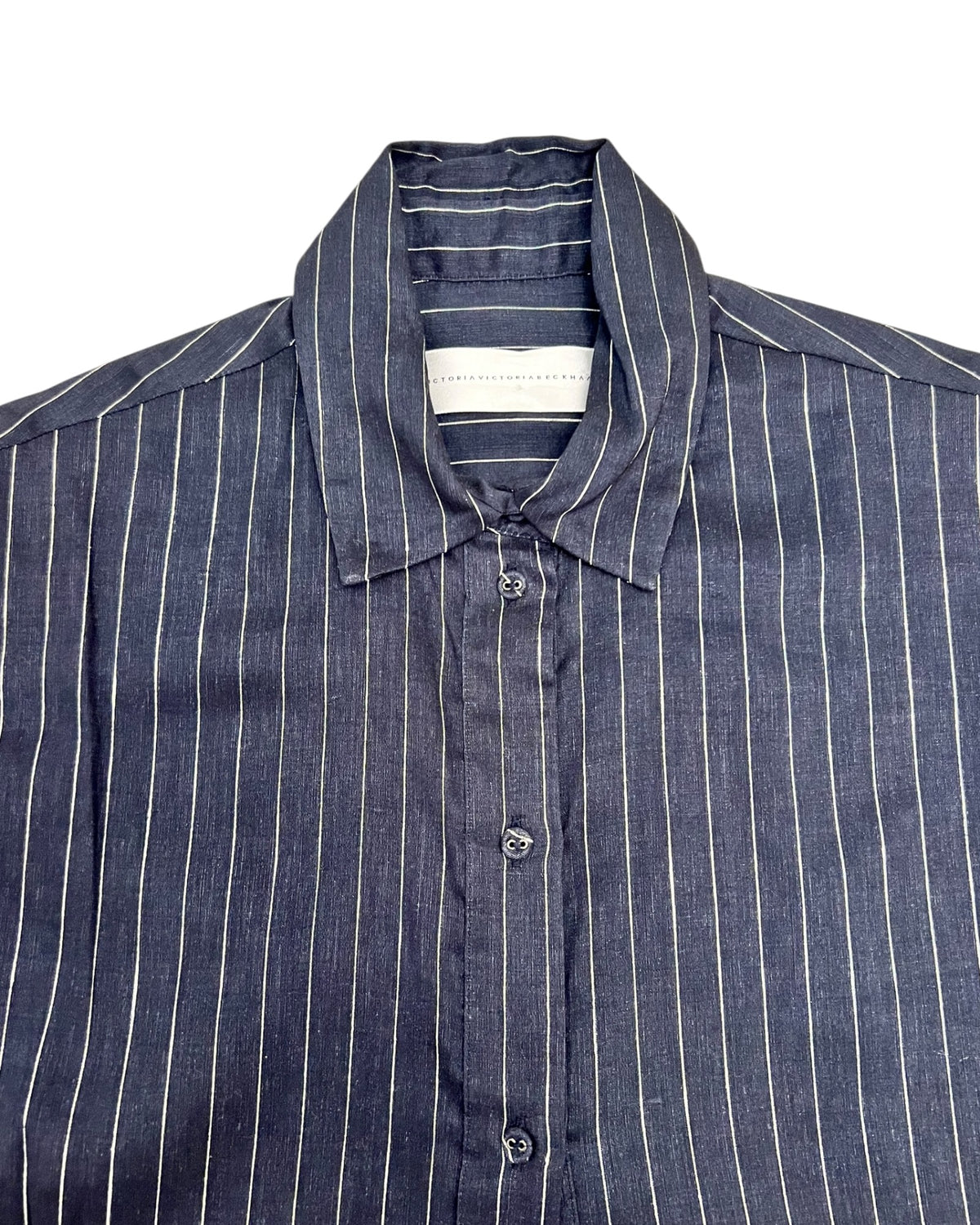 Victoria, Victoria Beckham Asymmetric Pinstripe Shirt – Navy – UK 8