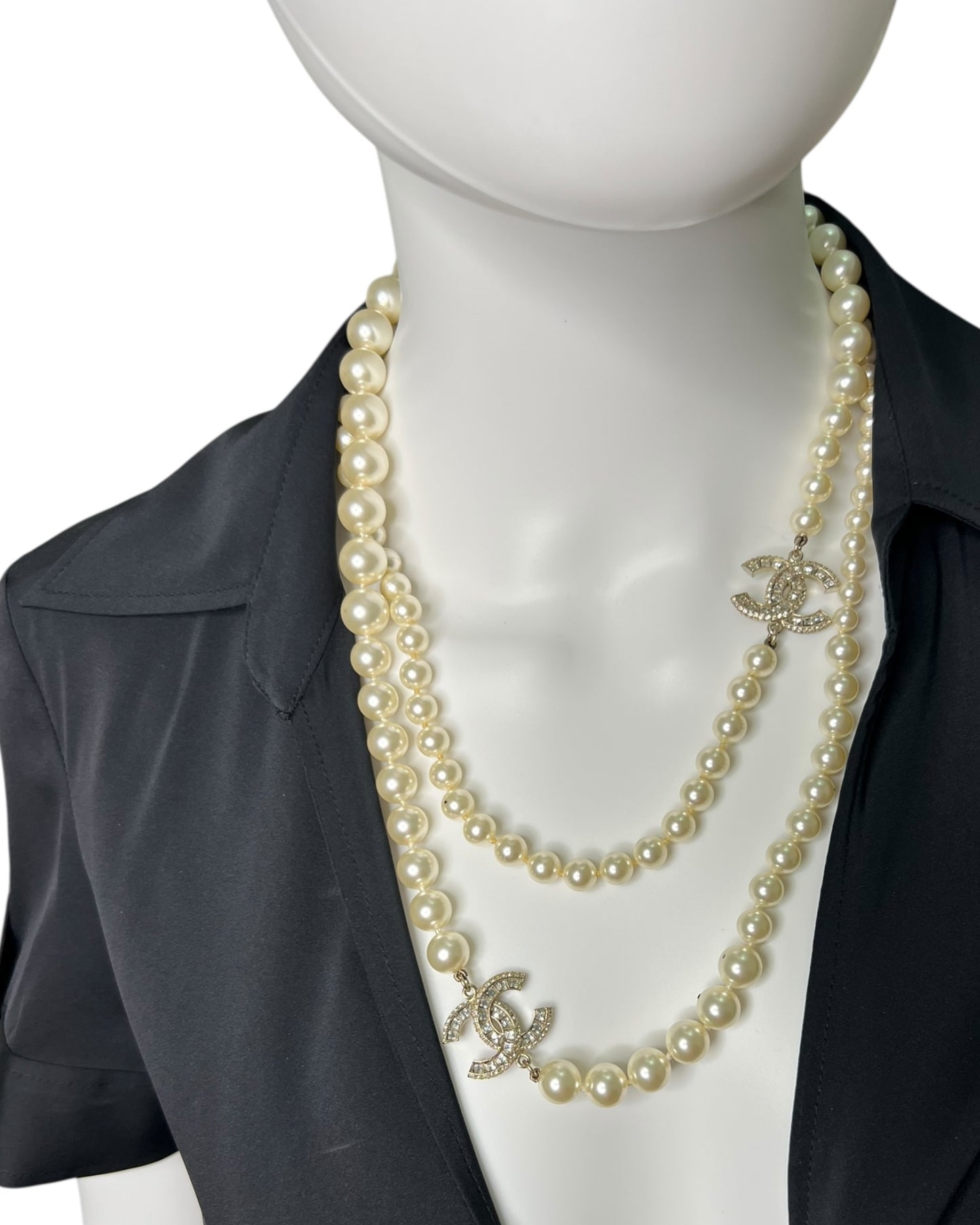 Chanel Faux Pearl Long Necklace Gold Tone CC Logo Double Strand