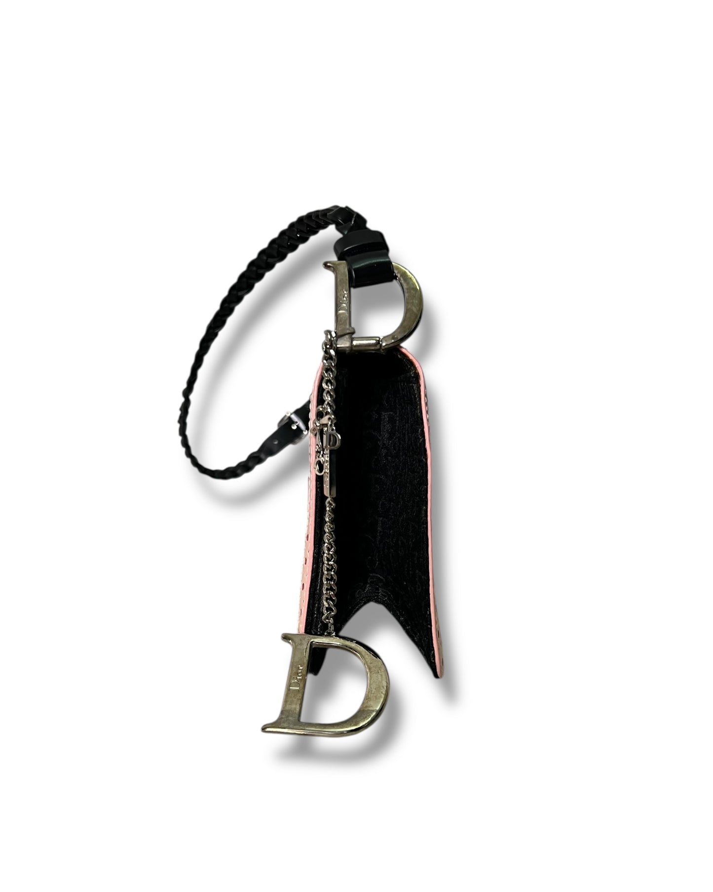 Christian Dior Vintage Leather Shoulder Bag Black with Pink Trim