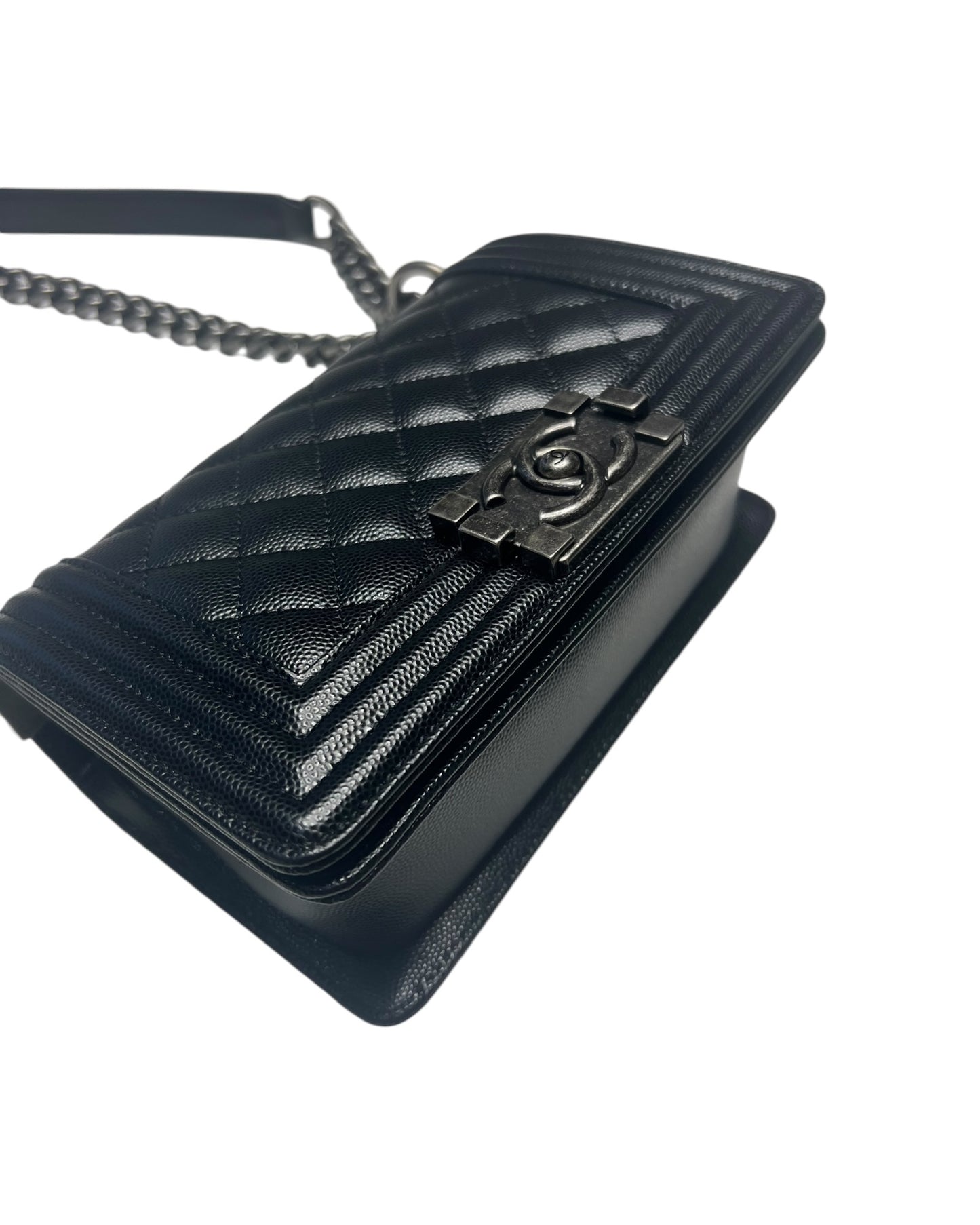 Chanel Boy Small Flap Bag in Black Caviar Leather with Ruthenium Hardware