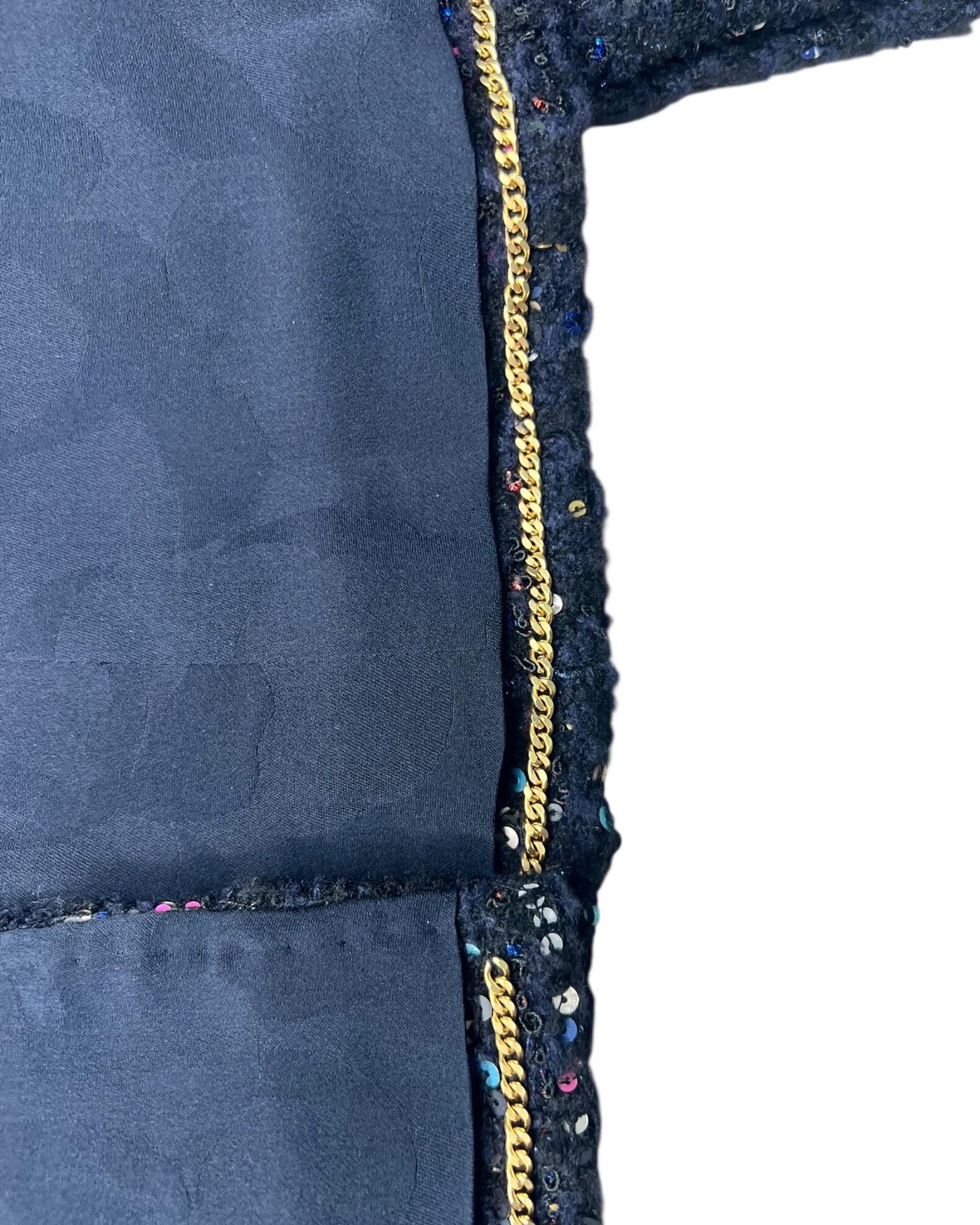 Chanel Tweed Jacket – Navy with Multicolour Sequin Detailing - The Luxury Savvy