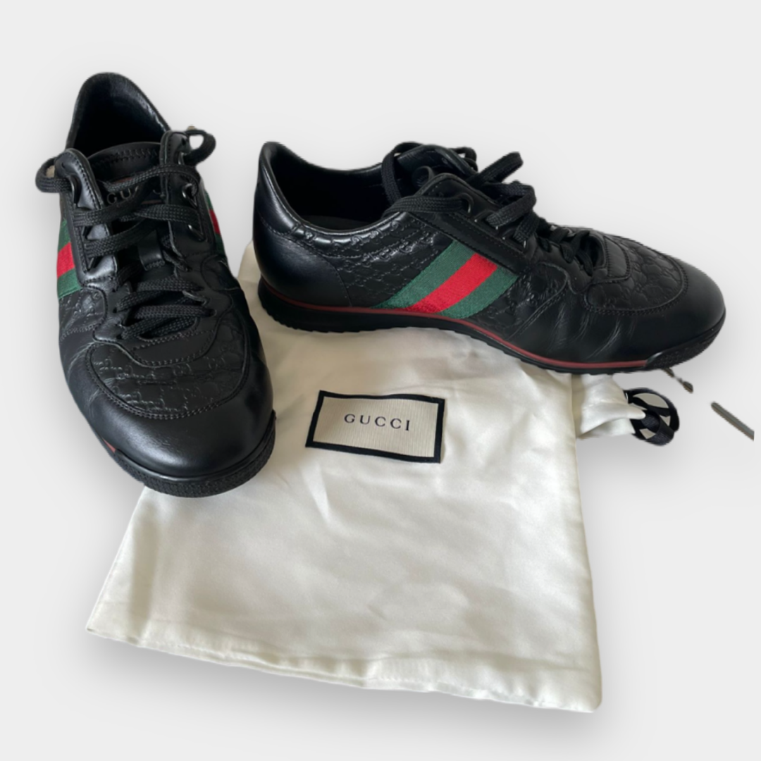 GUCCI MEN’S GG GREEN / RED WEBBING LEATHER TRAINERS - The Luxury Savvy