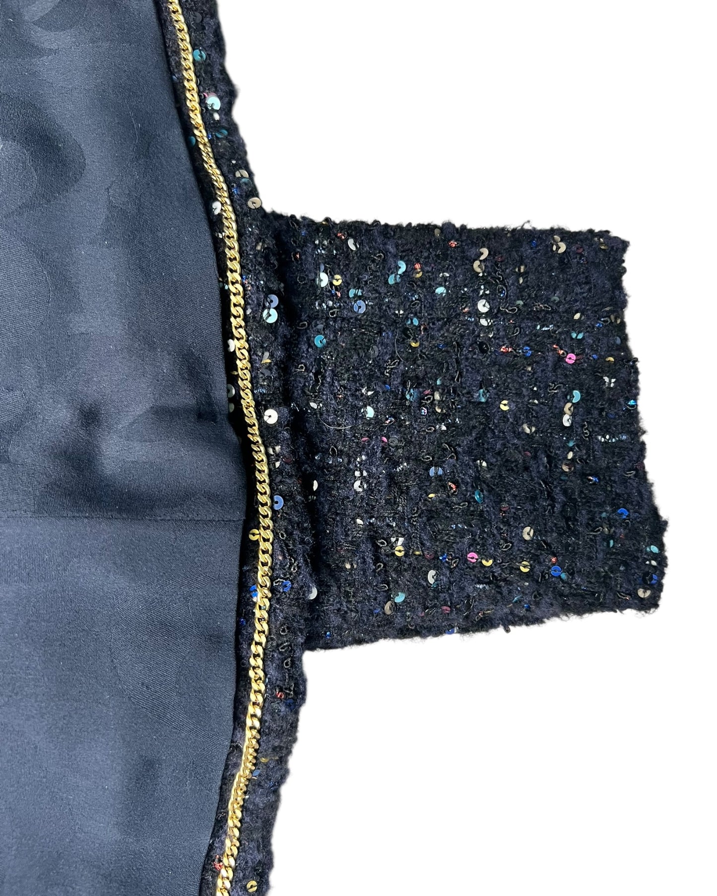 Chanel Tweed Jacket – Navy with Multicolour Sequin Detailing - The Luxury Savvy