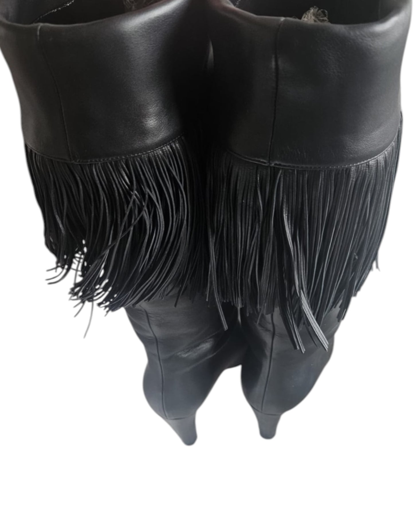 Christian Louboutin Black Leather Fringe Knee-High Boots