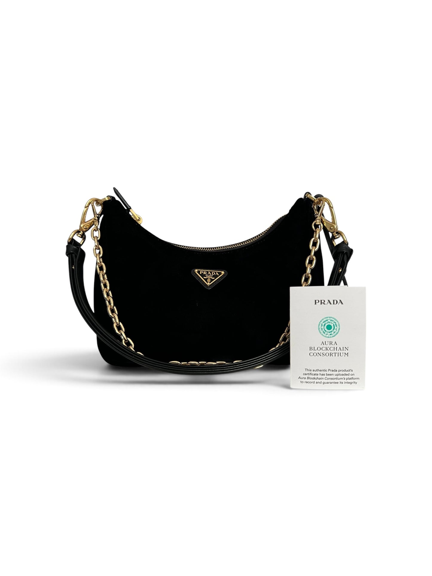 Prada Black Velvet Mini Bag with Gold Chain Strap & Box