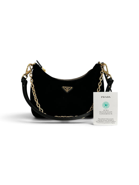 Prada Black Velvet Mini Bag with Gold Chain Strap & Box