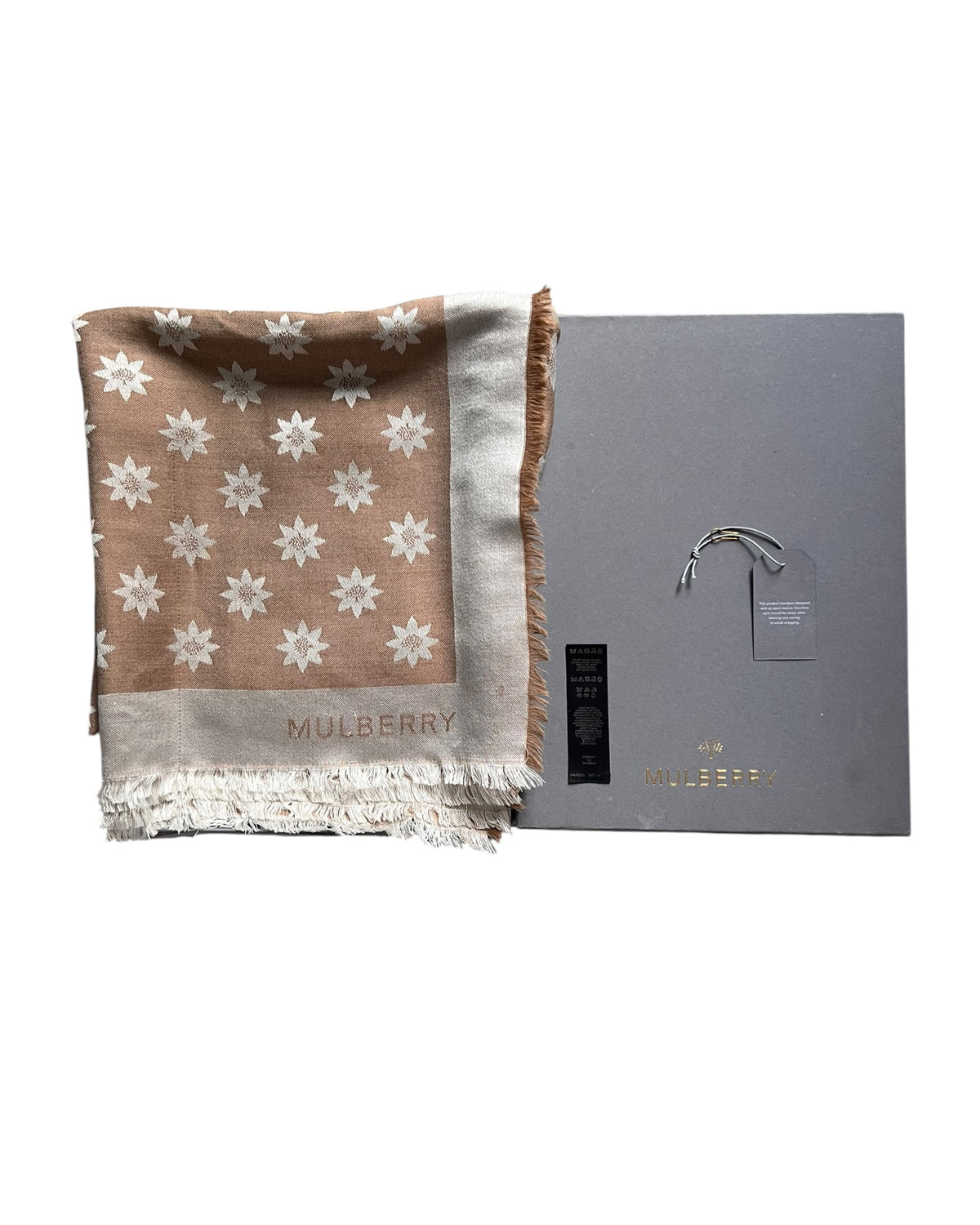 Mulberry Floral Print Silk & Wool Blend Scarf – Beige & Cream