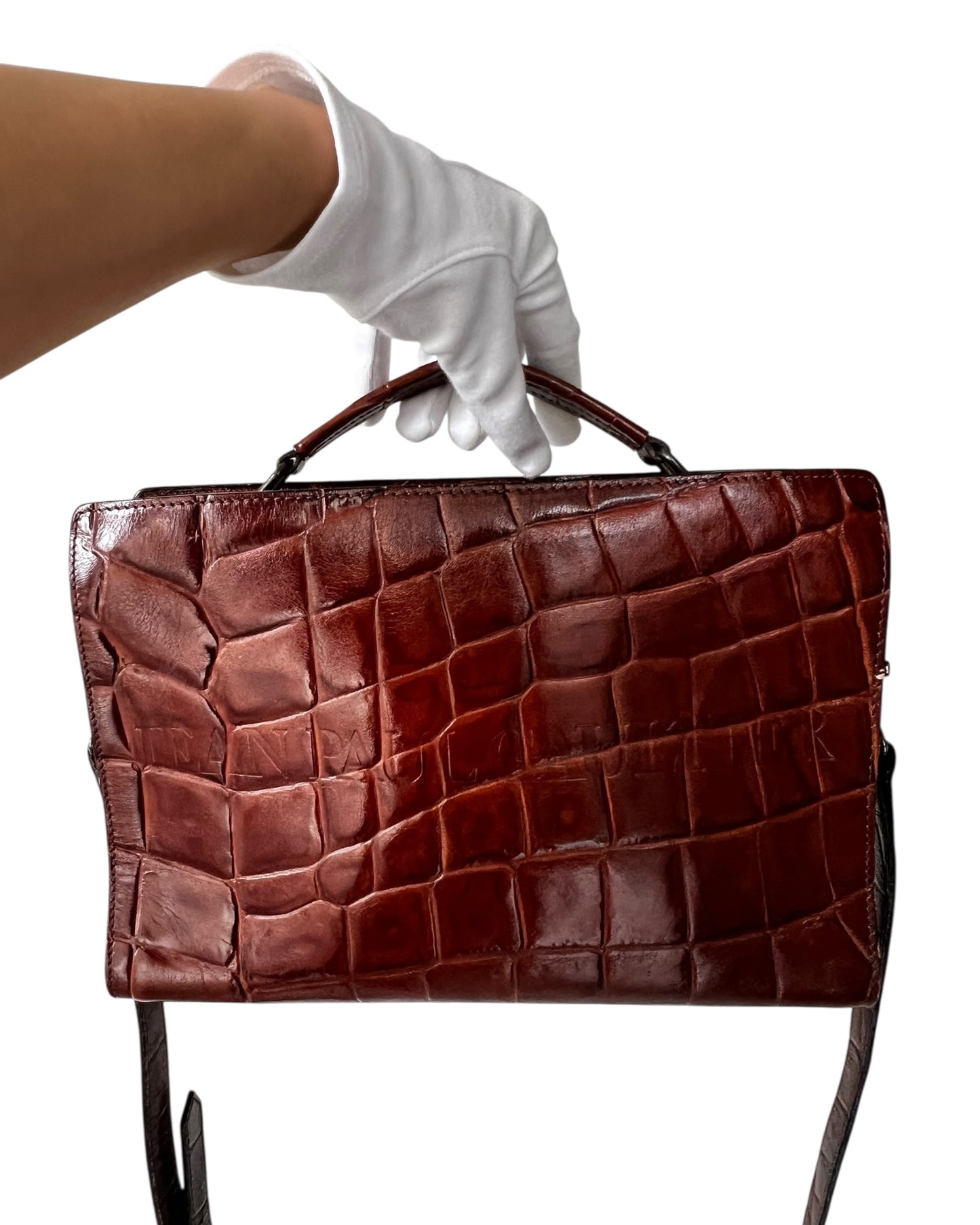 Vintage Croc-Embossed Structured Bag – Tan Colour