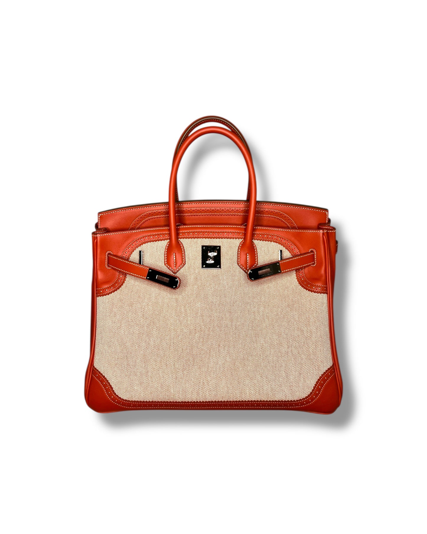 Hermès Birkin 35 Ghillies – Sanguine Swift with Toile Panels, Palladium Hardware – 2015 (T Stamp)