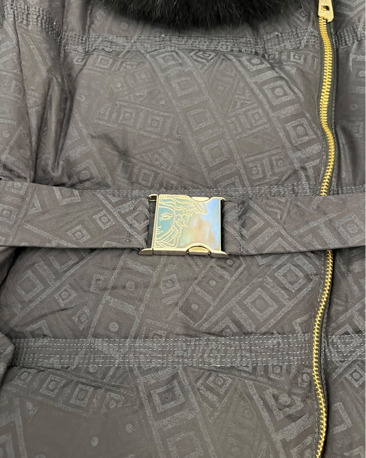 Versace Collection Monogram Down Puffer Coat with Fur Collar – Black – IT 46