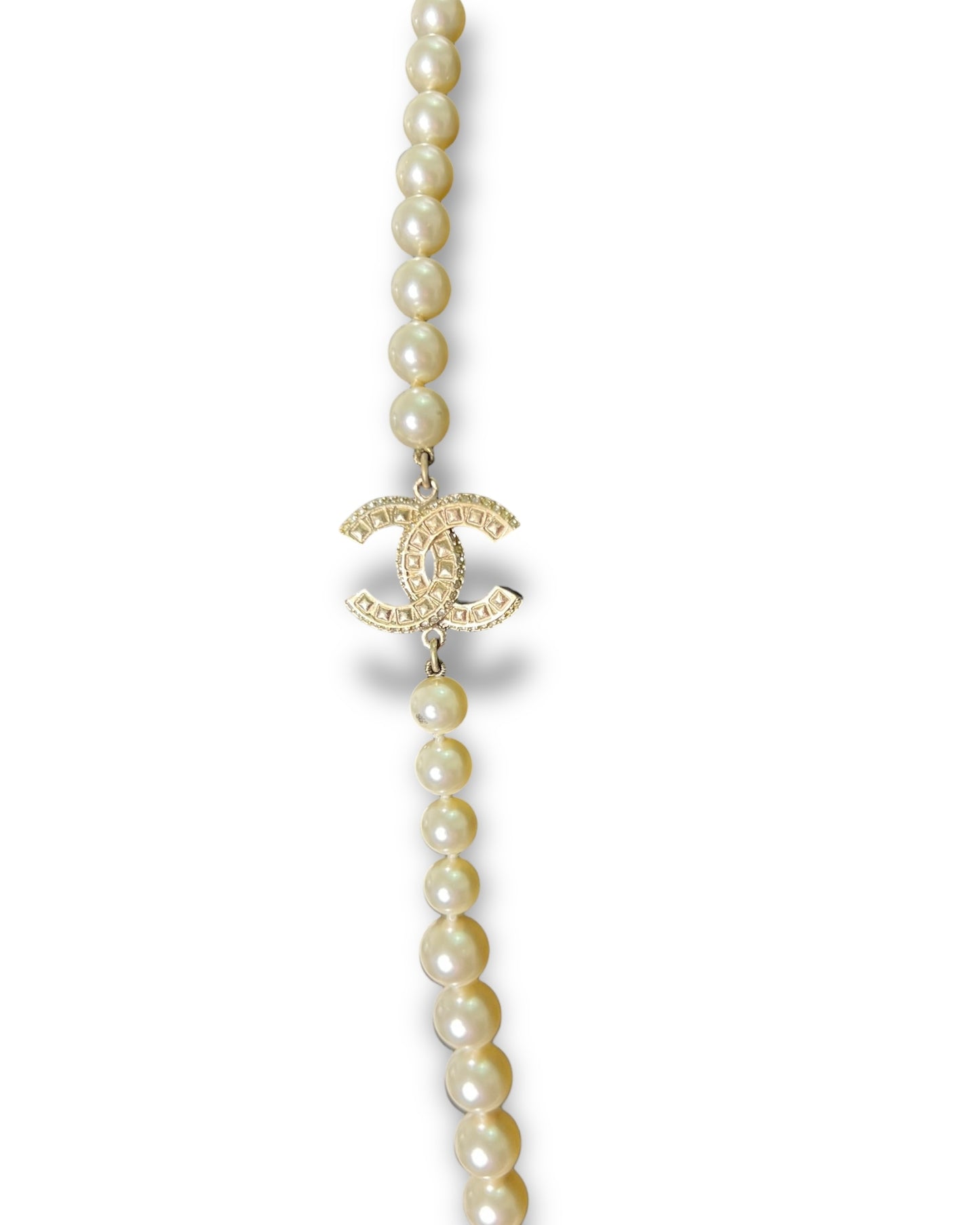 Chanel Faux Pearl Long Necklace Gold Tone CC Logo Double Strand