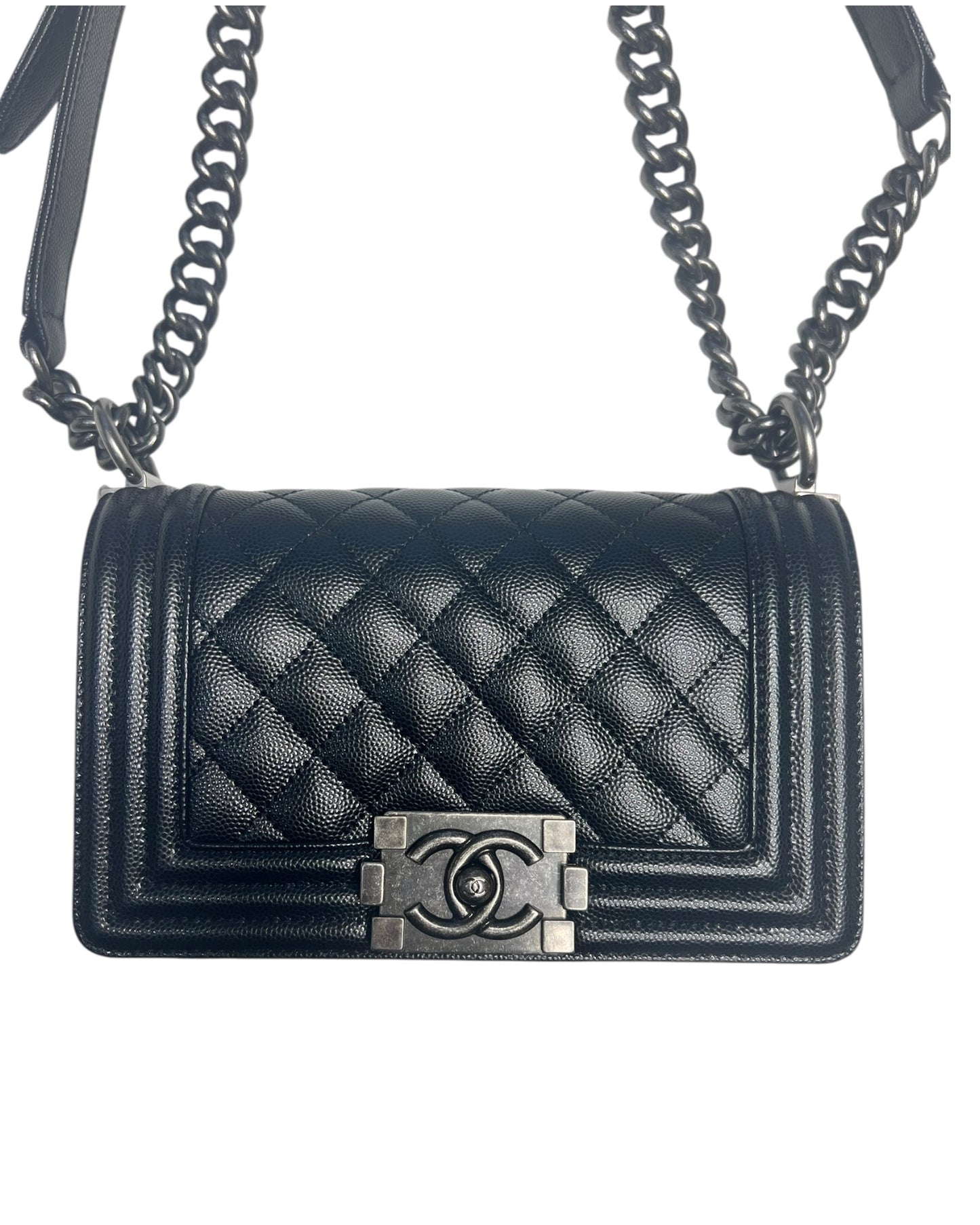 Chanel Boy Small Flap Bag in Black Caviar Leather with Ruthenium Hardware