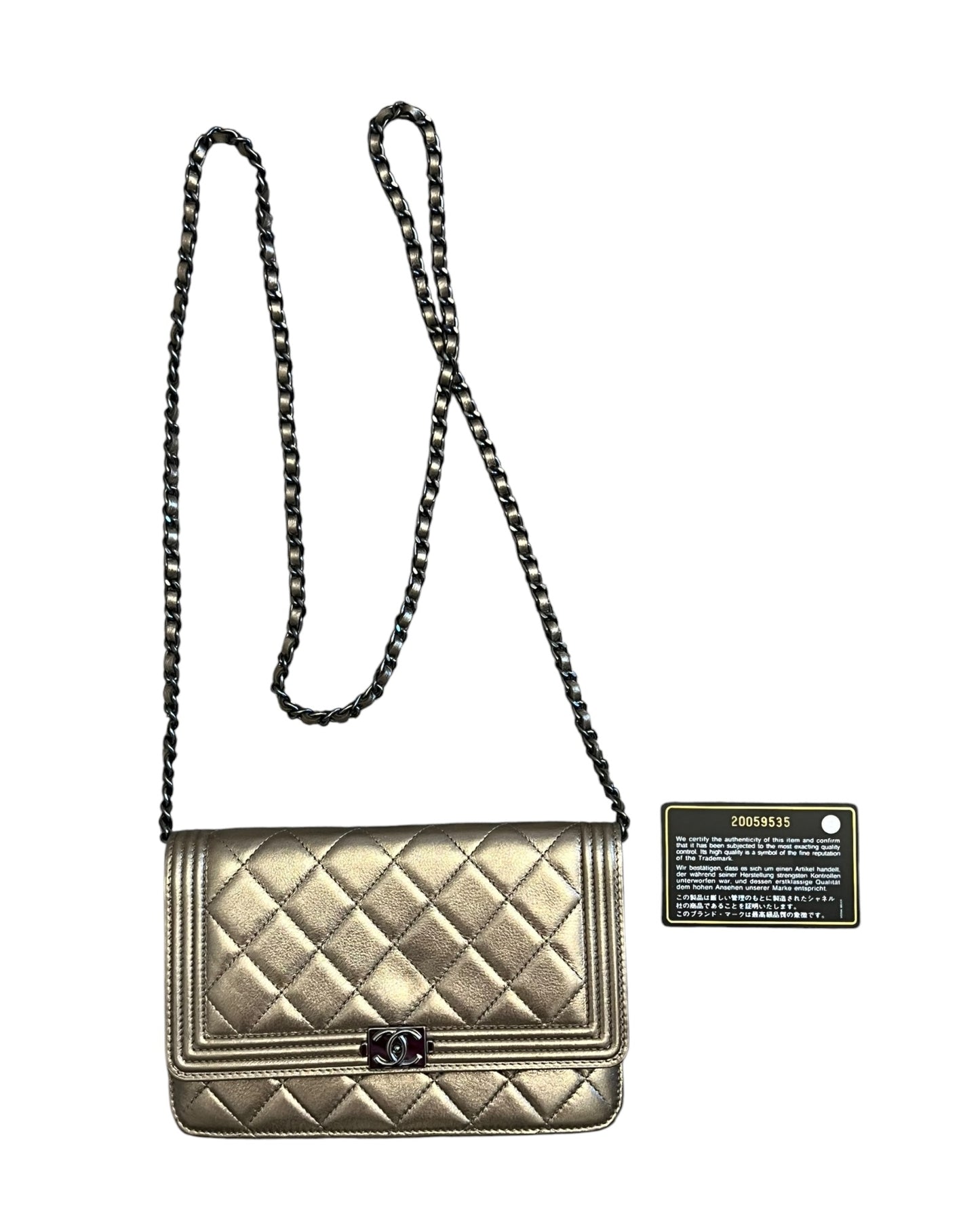 Chanel Boy Wallet on Chain (WOC) | Metallic Gold Quilted Leather