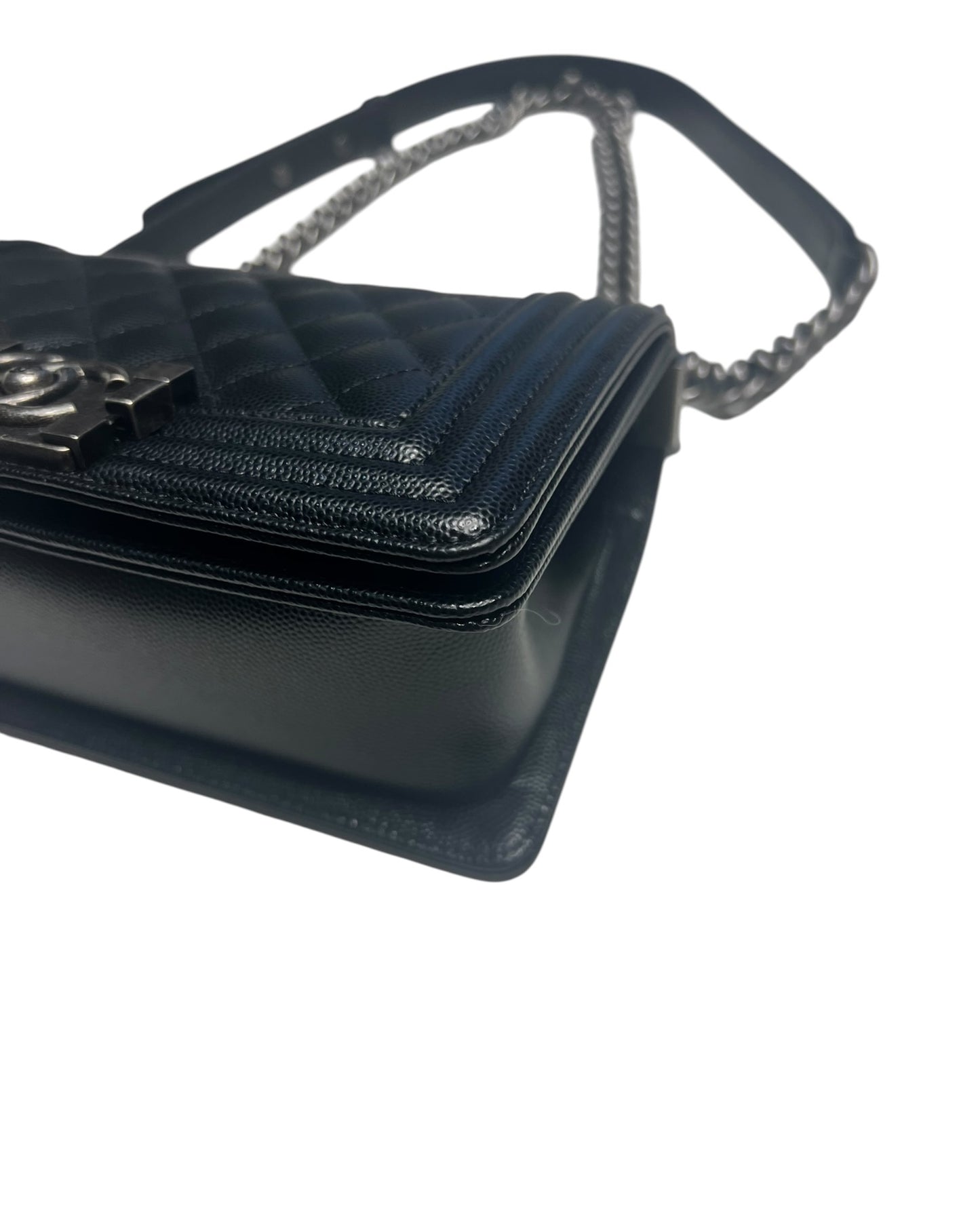 Chanel Boy Small Flap Bag in Black Caviar Leather with Ruthenium Hardware