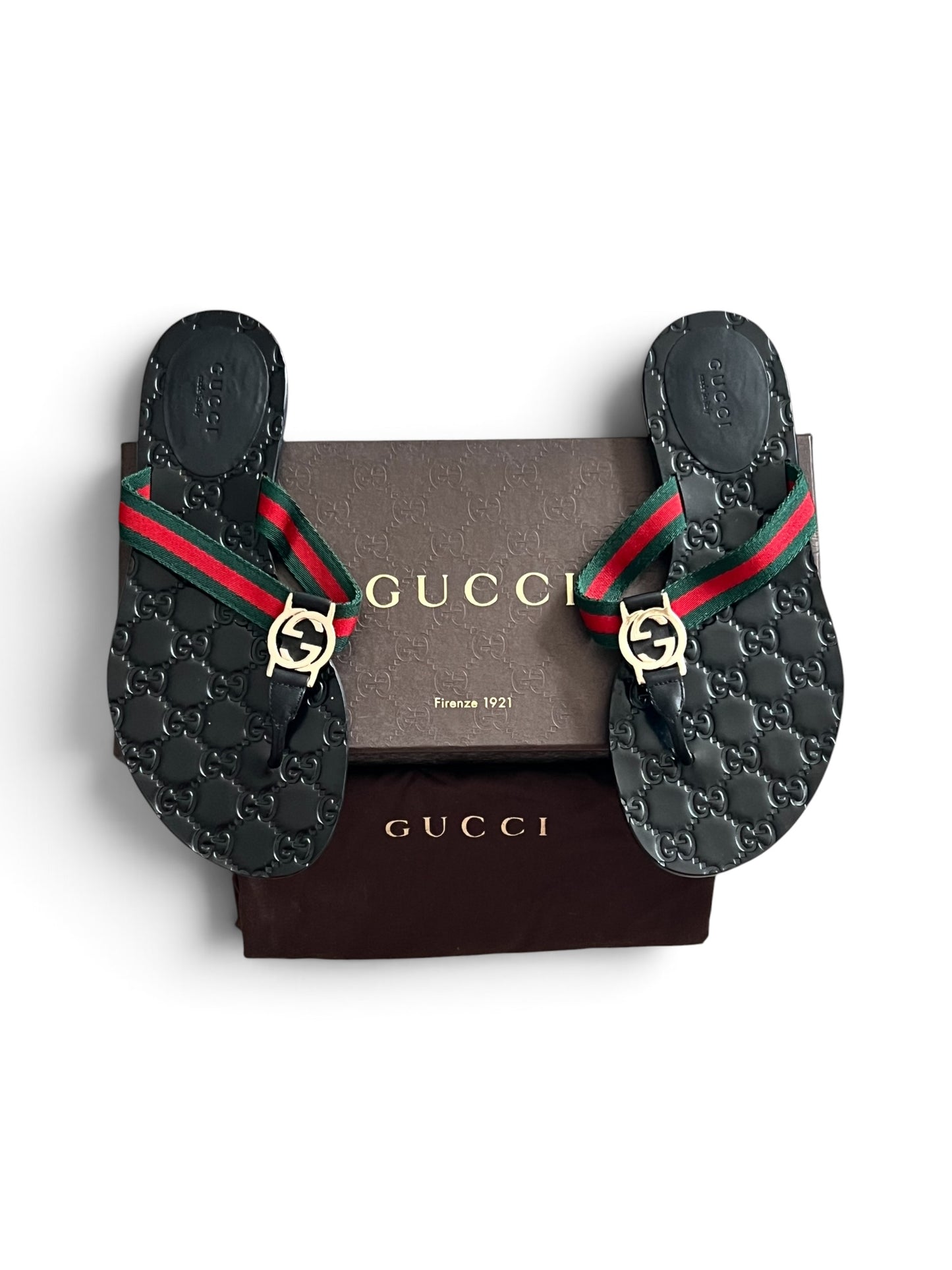 Gucci Interlocking G Web Thong Sandals – Black Rubber – Size 36½