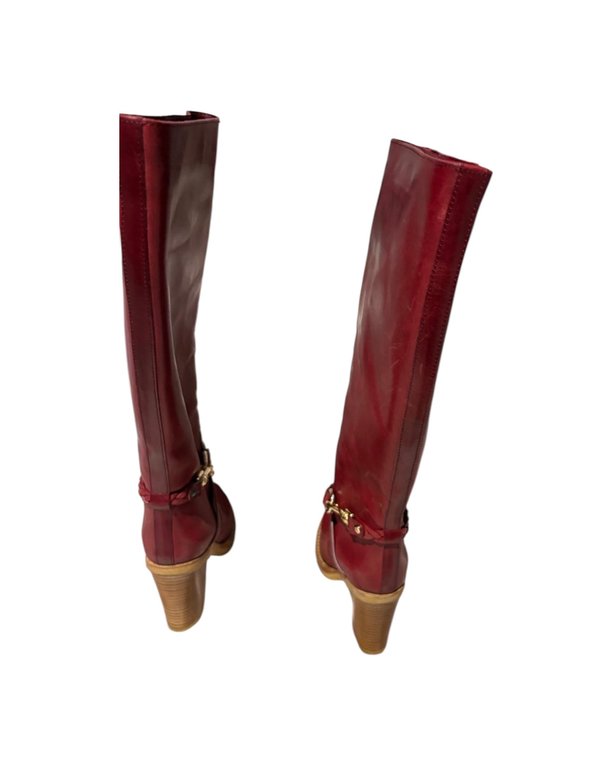 Mulberry Burgundy Red Leather Calf-Length Boots – Gold-Tone Horsebit Detail