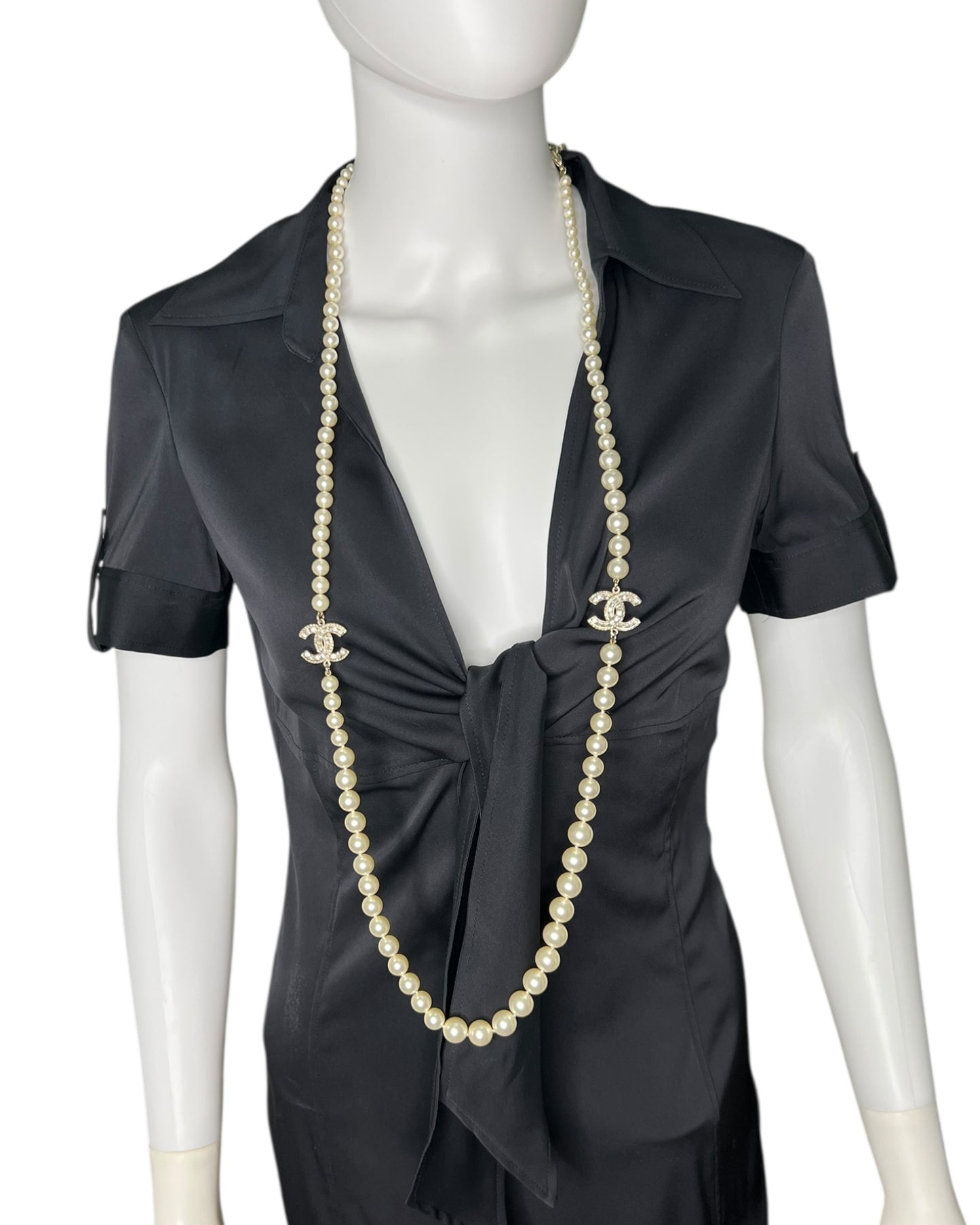 Chanel Faux Pearl Long Necklace Gold Tone CC Logo Double Strand