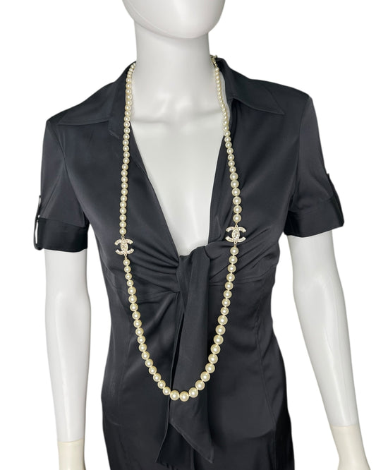 Chanel Faux Pearl Long Necklace Gold Tone CC Logo Double Strand