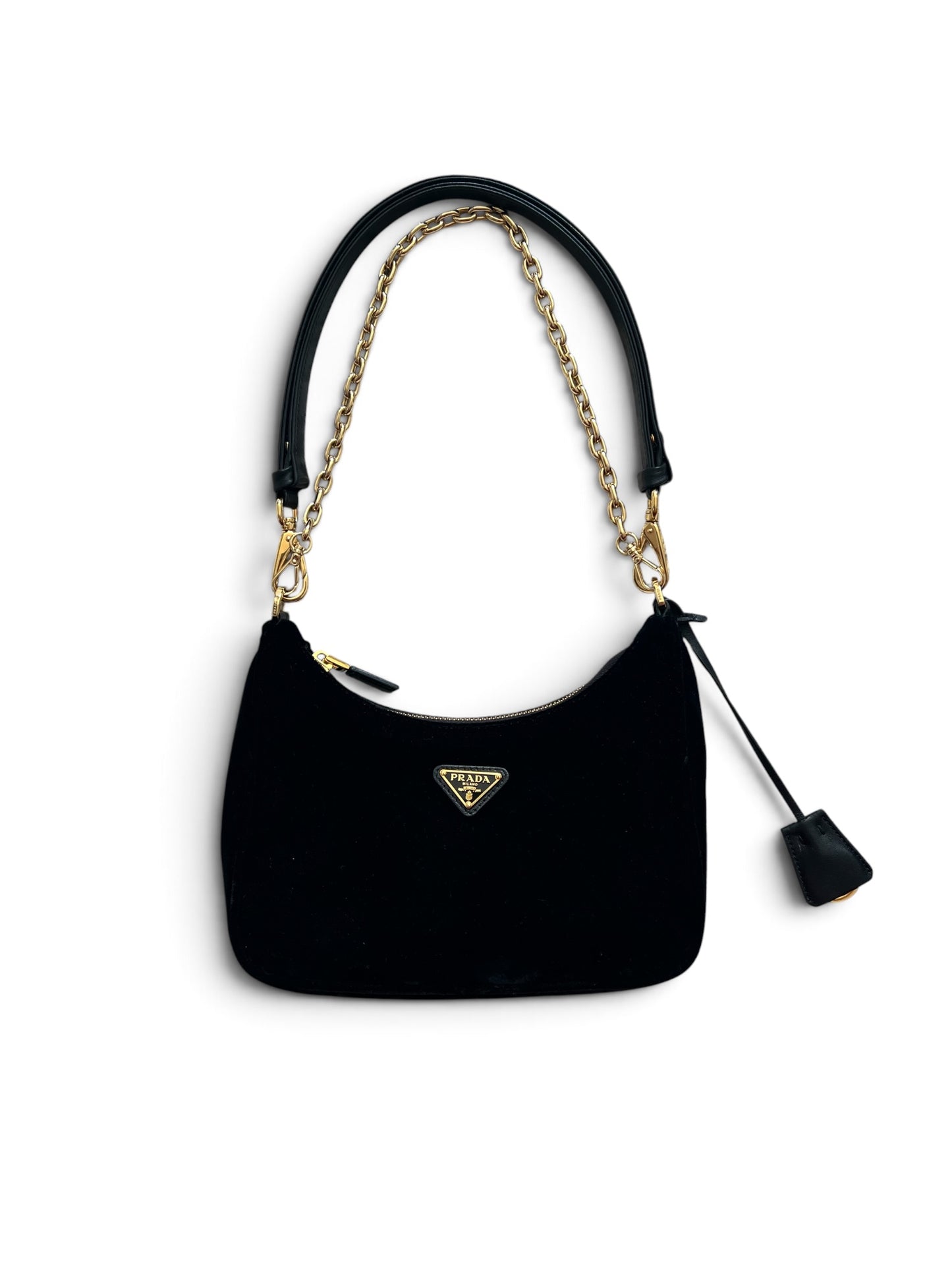 Prada Black Velvet Mini Bag with Gold Chain Strap & Box