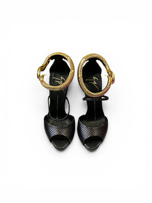Giuseppe Zanotti Black Snake-Effect Snake Cuff Sandals – Size EU 36