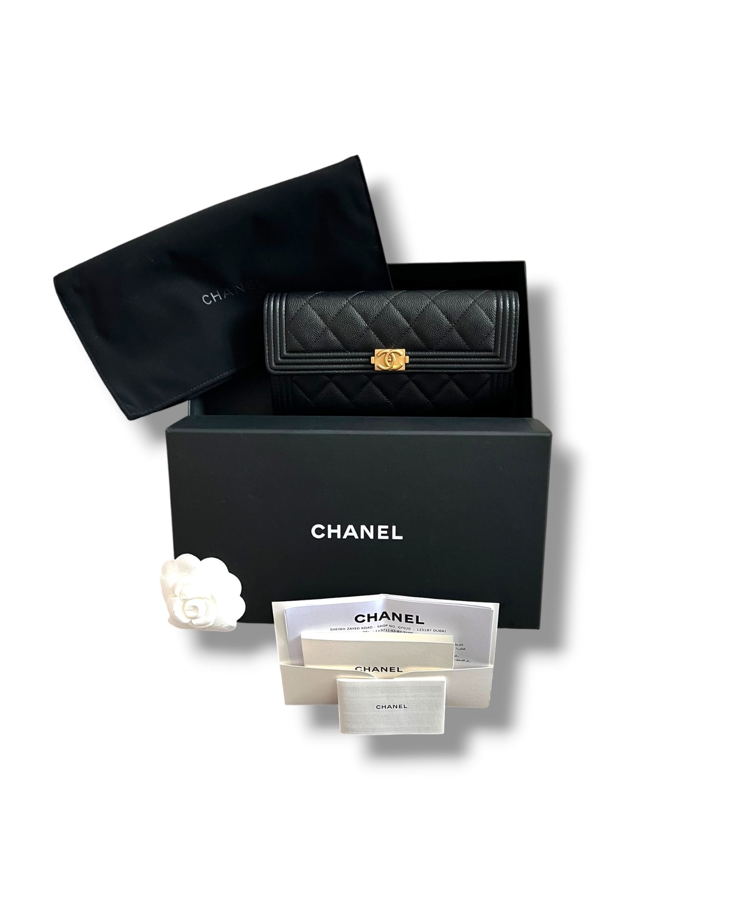 Chanel Boy Long Flap Wallet in Black Caviar Leather with Gold Hardware