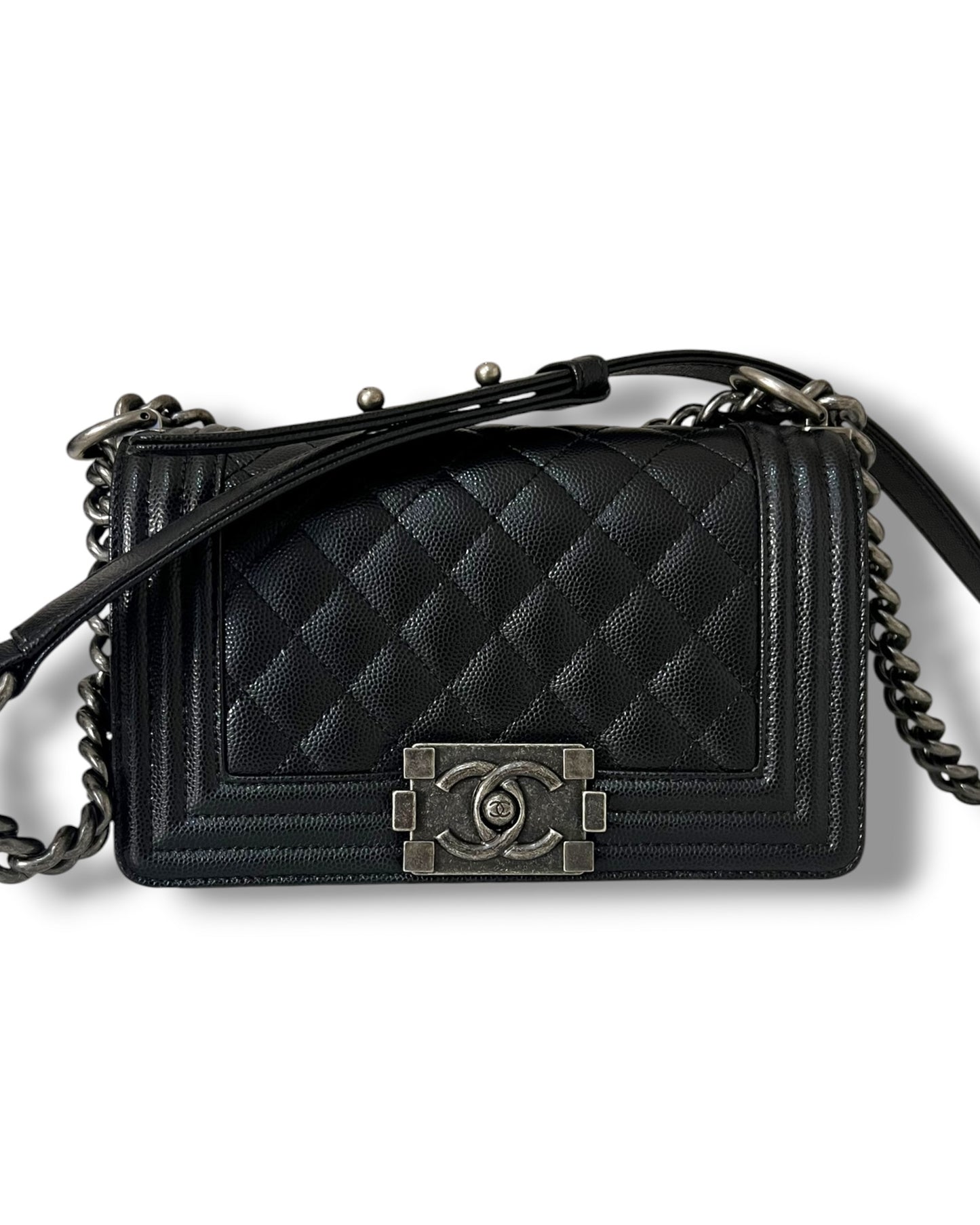 Chanel Boy Small Flap Bag in Black Caviar Leather with Ruthenium Hardware