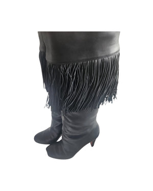 Christian Louboutin Black Leather Fringe Knee-High Boots