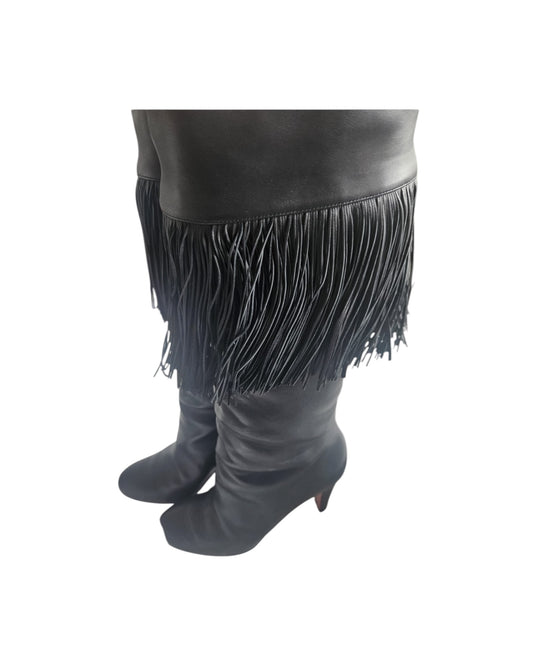 Christian Louboutin Black Leather Fringe Knee-High Boots