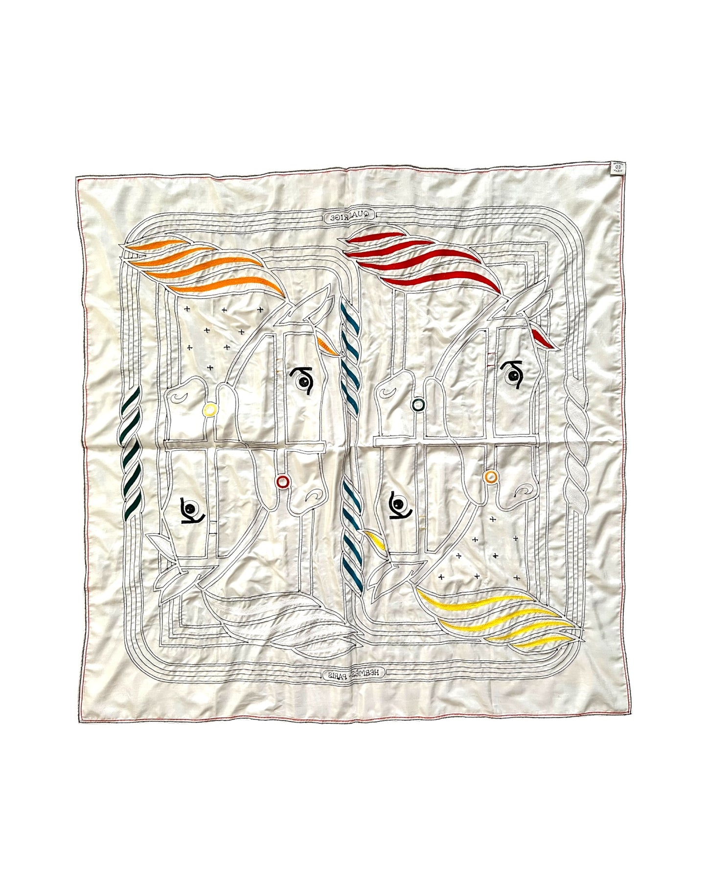 Hermès Carré 90 “Quadrige” – Hand-Embroidered Silk Scarf (Pristine — with Special Box)