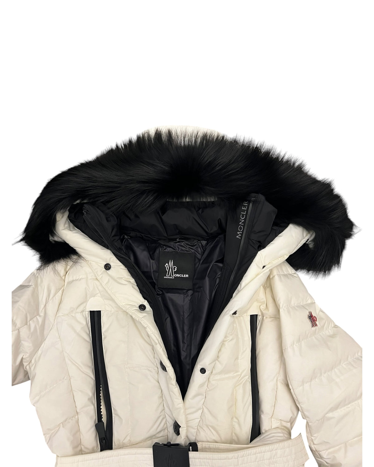 Moncler Grenoble White Down Ski Jacket with Black Fur-Trimmed Hood