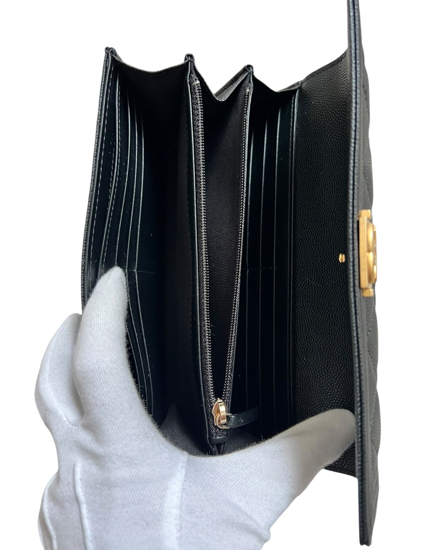 Chanel Boy Long Flap Wallet in Black Caviar Leather with Gold Hardware