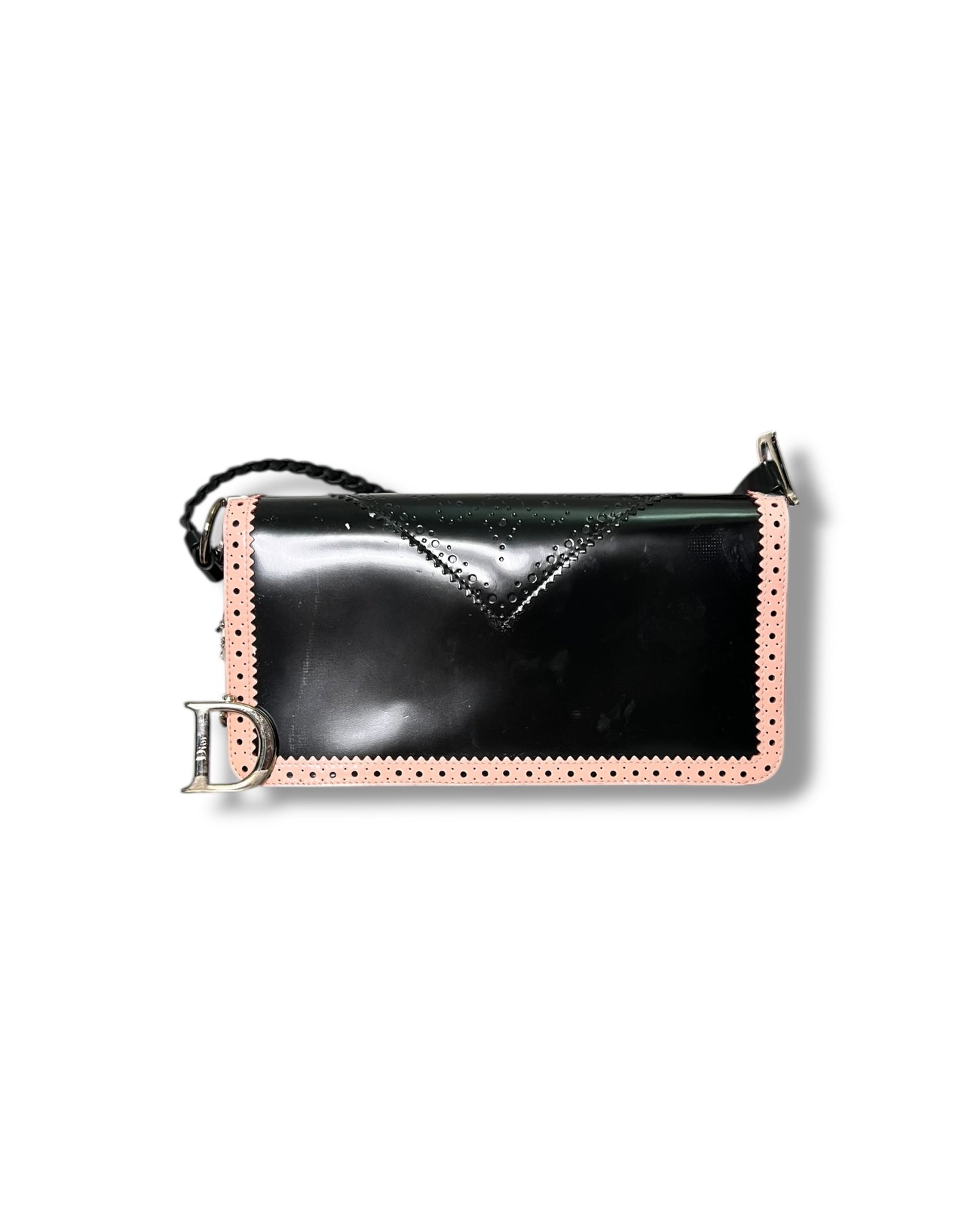 Christian Dior Vintage Leather Shoulder Bag Black with Pink Trim