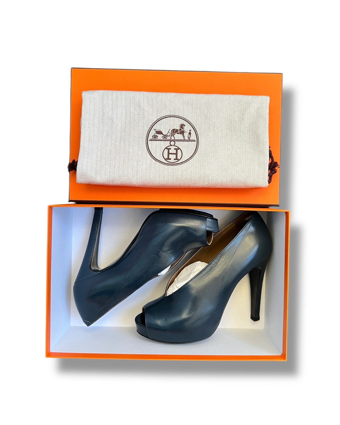 Hermès Peep Toe Heels – Dark Navy – Size 36.5 (Worn Once, Excellent Condition)