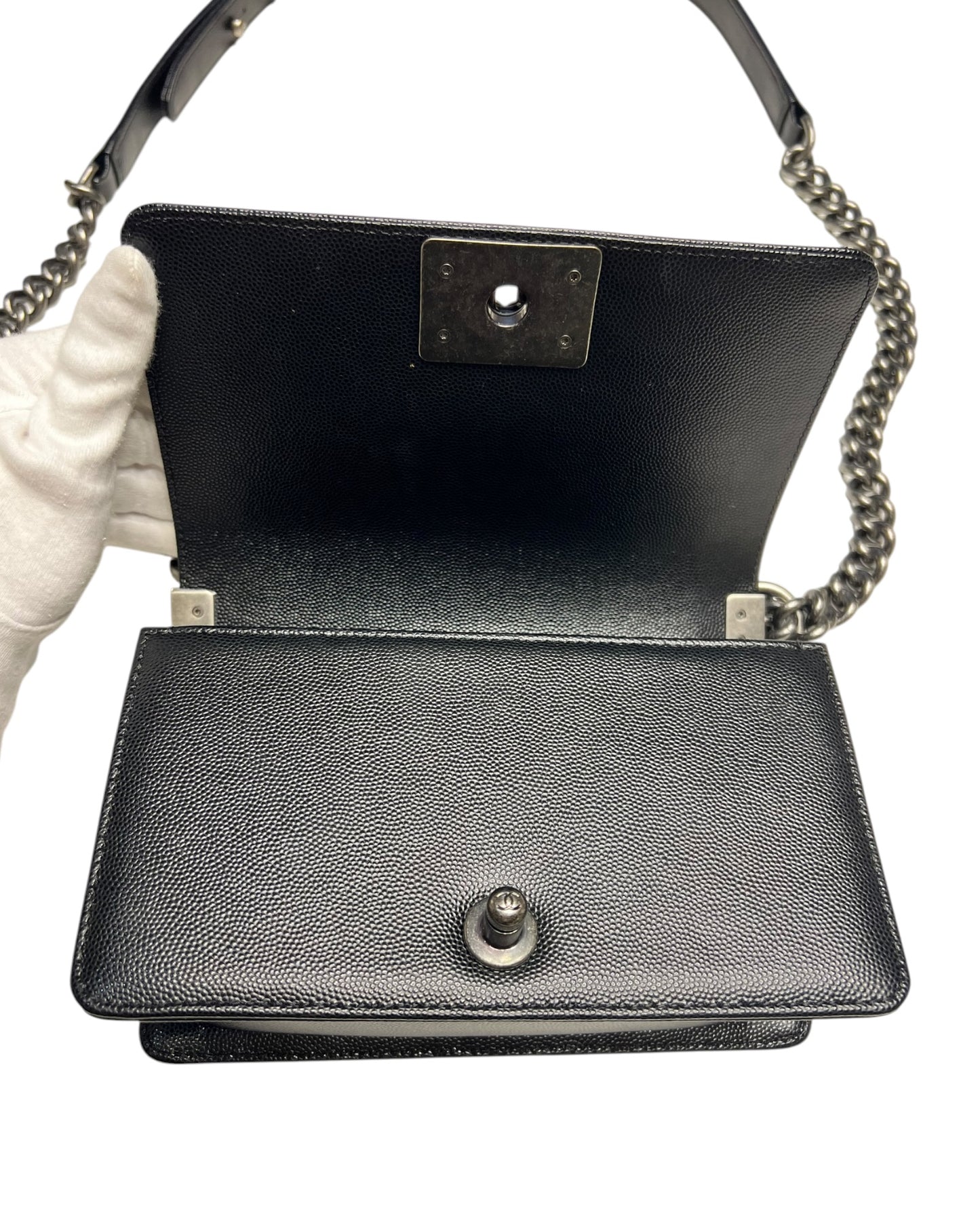 Chanel Boy Small Flap Bag in Black Caviar Leather with Ruthenium Hardware