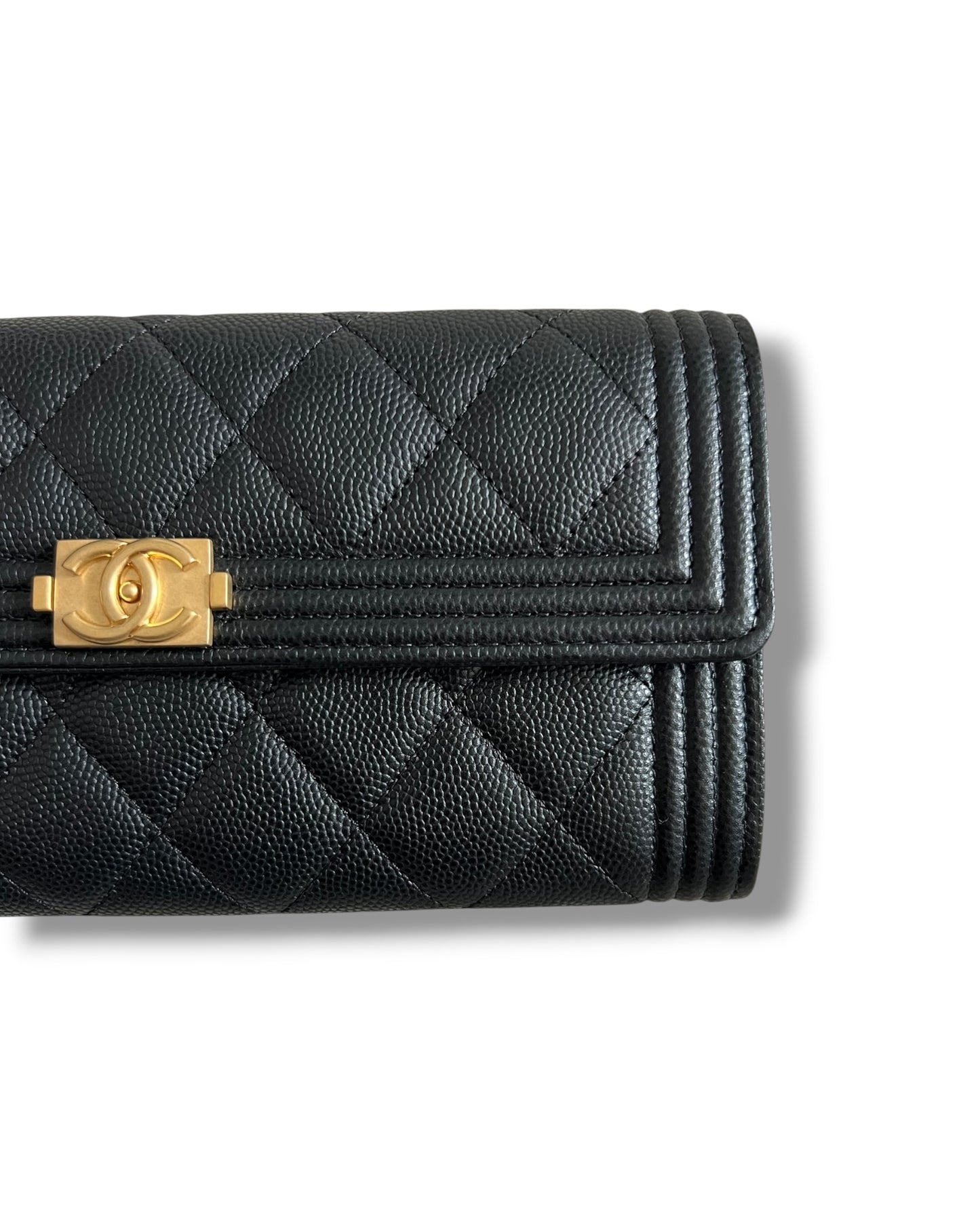 Chanel Boy Long Flap Wallet in Black Caviar Leather with Gold Hardware
