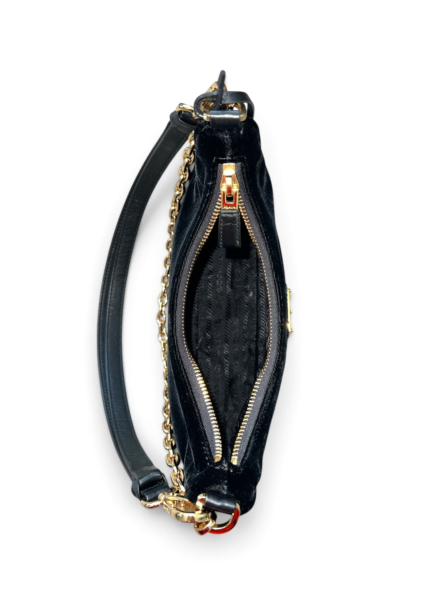 Prada Black Velvet Mini Bag with Gold Chain Strap & Box