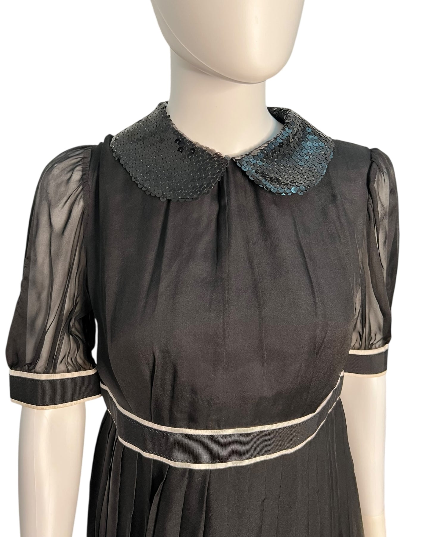 Dolce & Gabbana Black Pleated Silk Blend Dress with Sequin Collar Size IT 44